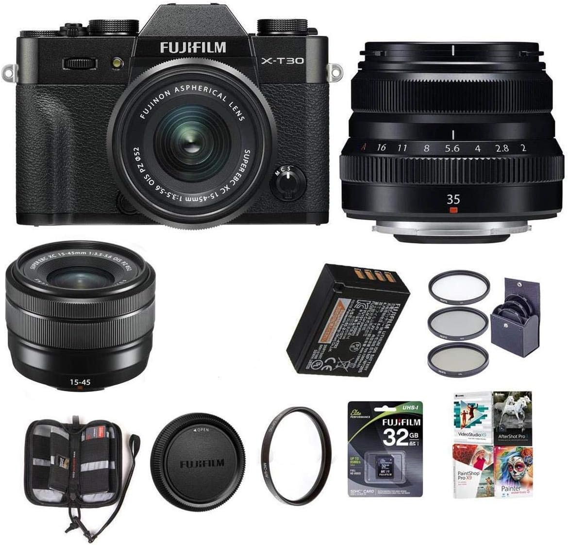 Fujifilm X-T30 Mirrorless Camera with XC 15-45mm f/3.5-5.6 OIS PZ Lens and XF 35mm F/2 RWR Lens, Black - Bundle with 32GB SDHC Card, 52mm Filter Kit, 43mm UV Filter, Memory Wallet, Software Package
