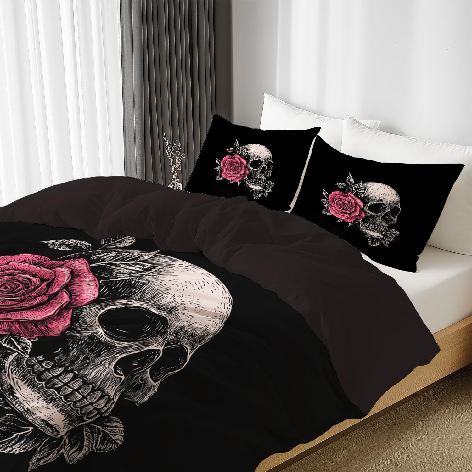Tajemnicza czarna czaszka kwiatowa 220 x 260 cm łatwa w pielęgnacji poszwa na kołdrę Zestaw pościeli z 2 poszewkami na poduszki Pościel Zestaw do dekoracji sypialni