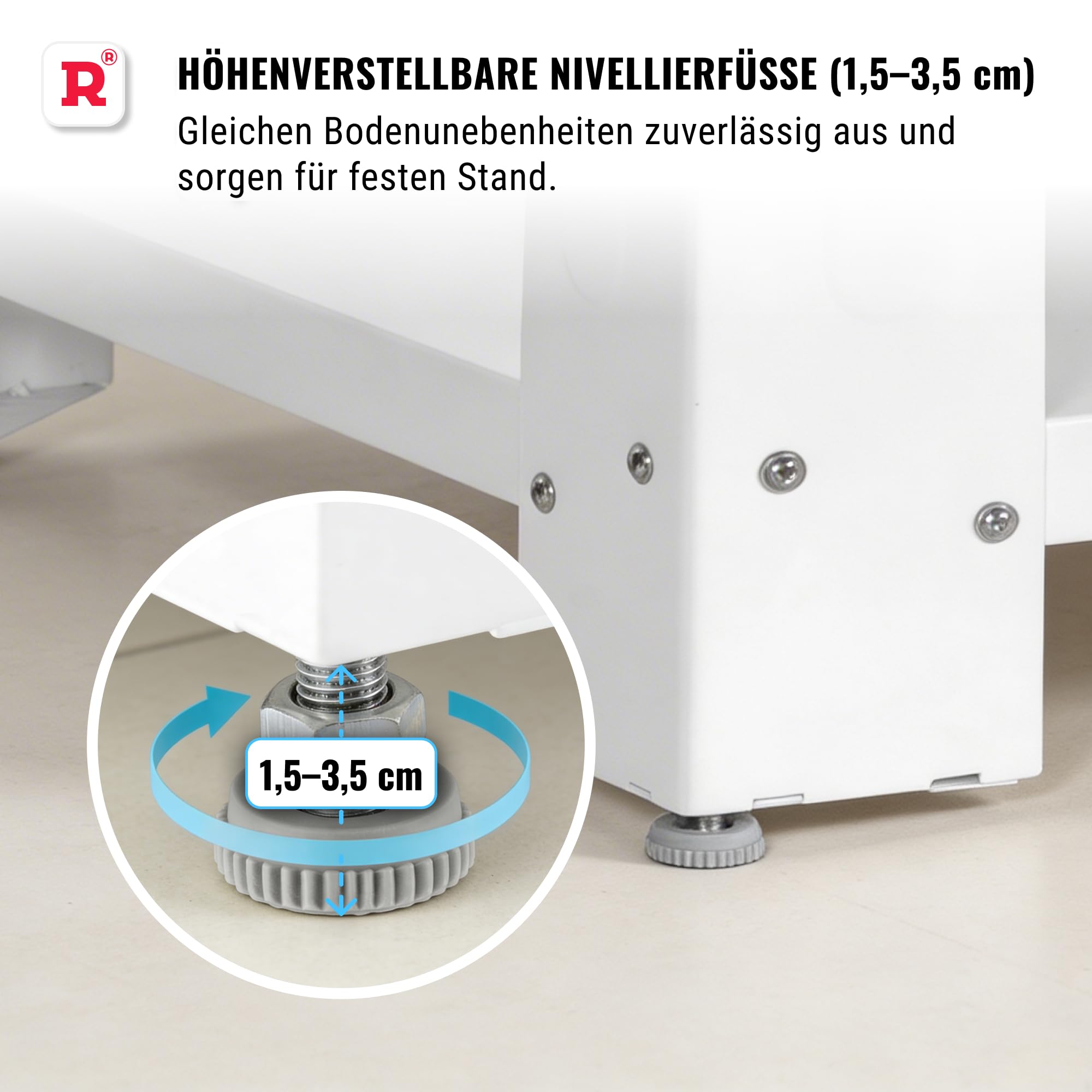 ROLLER Kappatos Waschmaschinen-Untergestell 50 cm mit Regal, Weiß | Stabiles Podest, bis 300 kg, verzinkter Stahl, höhenverstellbare Füße, inkl. Spanngurt