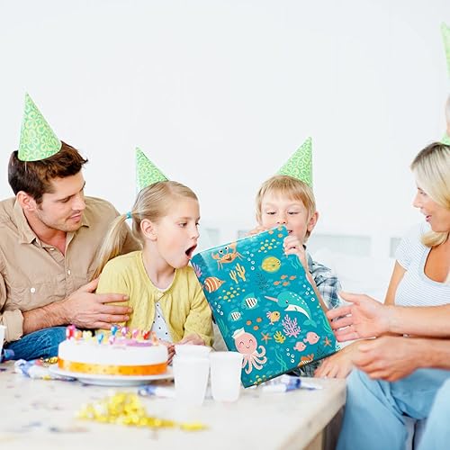 Miniatura 6 de NEPOG Papel de regalo de cumpleaños con temática oceánica para niños, niñas y niños, 6 hojas de papel de regalo con diseño costero bajo el agua, 20