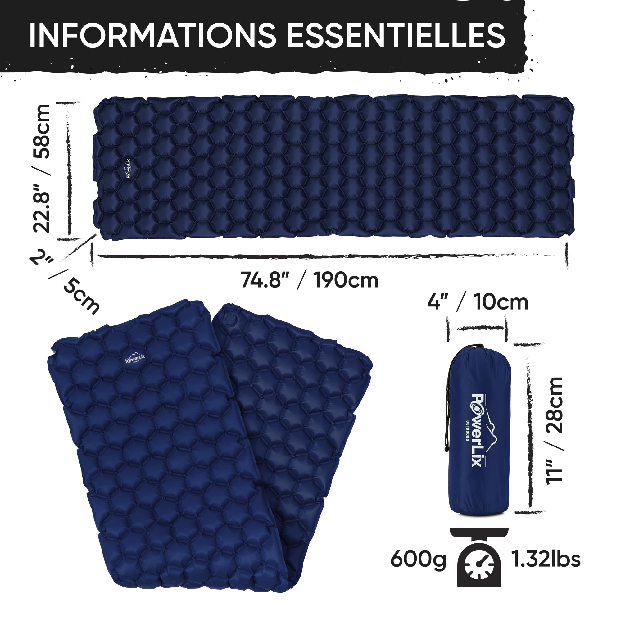 POWERLIX Tapis de Couchage Gonflable Ultra léger, idéal pour Le Camping, Le Sac à Dos, la randonnée – Airpad, Sac de gonflage, Sac de Transport, kit de réparation Bleu Marine