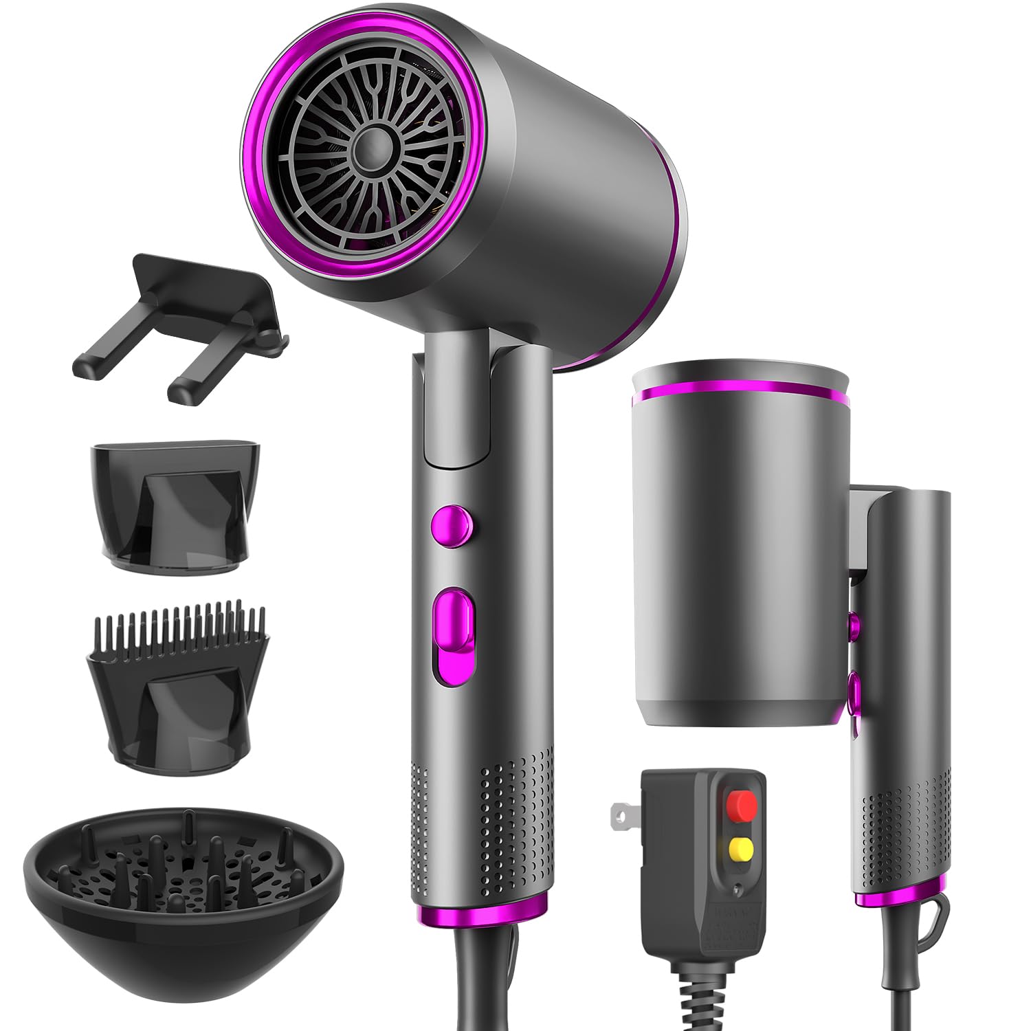 Portable Ionic Hair Dryer, Foldable Handle Hair Dryer,1600W Blow Dryer with Diffuser/Concentrator/Comb Nozzle,Intelligent Temperature Control,Low Noise for Home/Salon/Travel (Grey)