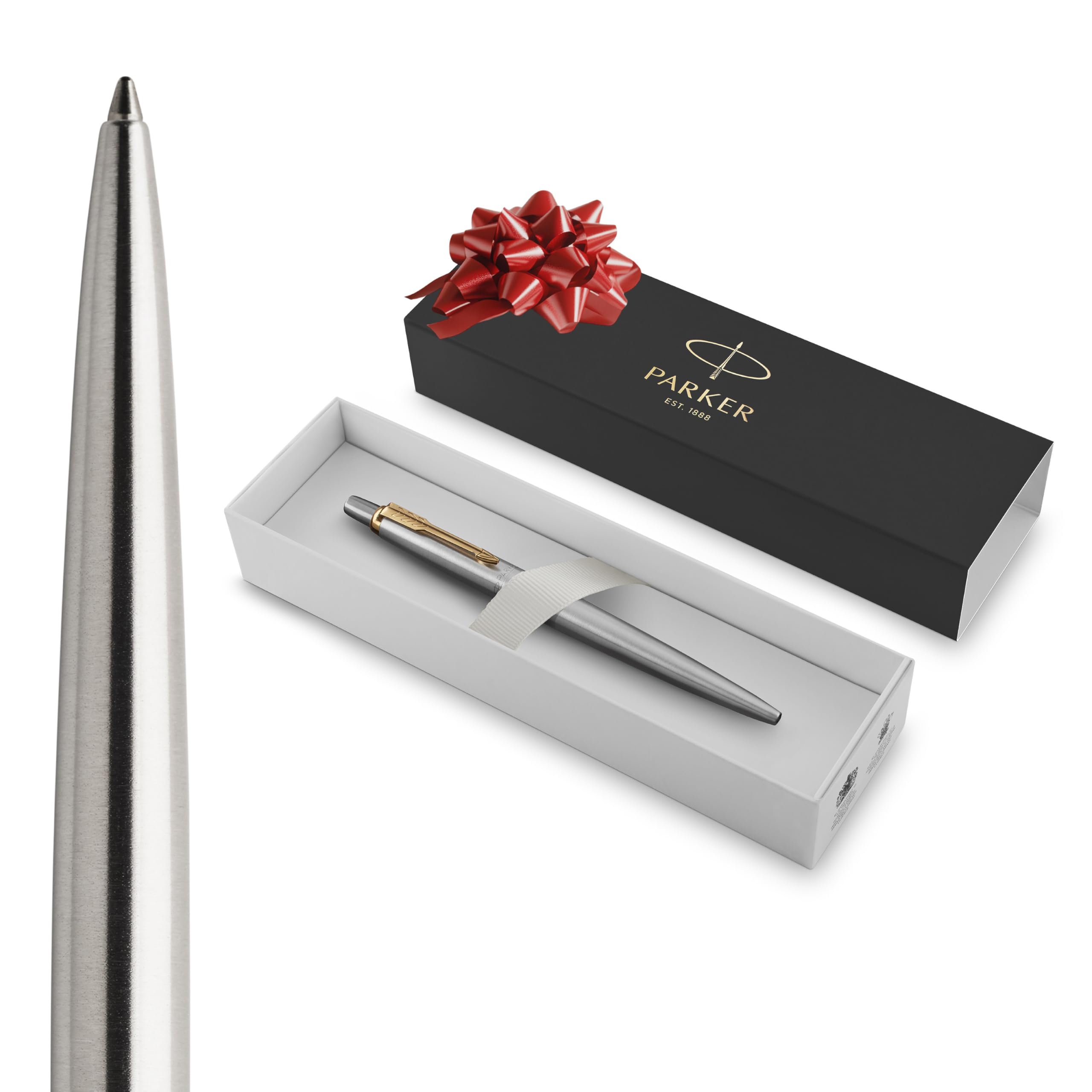 PARKERJotter Ballpoint Pen | Stainless Steel with Golden Trim | Medium Point | Handwriting Pens & Stationery Supplies | Blue Ink | Gift Box
