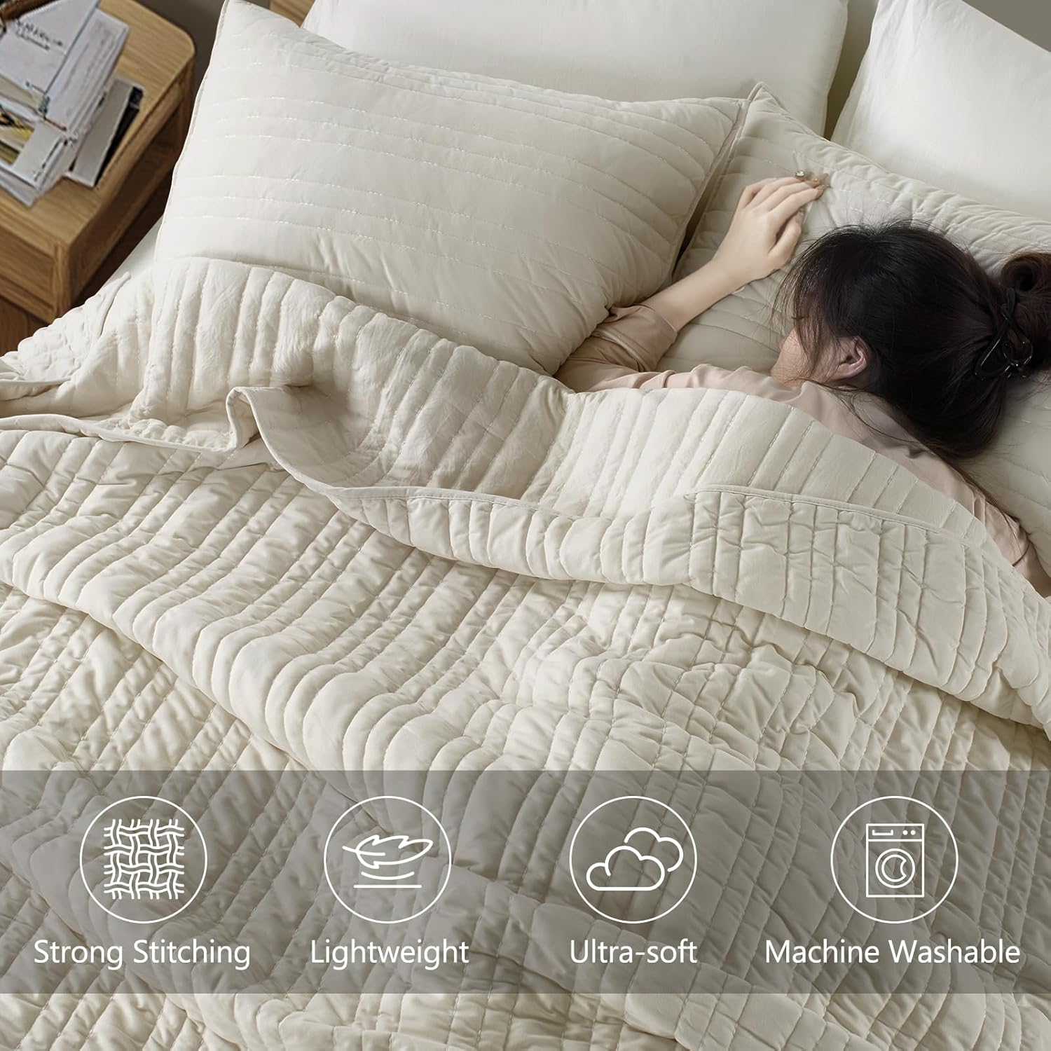 KASENTEX Luxury Velvet Quilt Set 3 Pieces Oversize King,Soft Bedspread Coverlet with 2 Pillow Shams, Lightweight Bed Blanket, Elegant Stitch Design, Machine Wash All Season Bedding,Light Khaki - Image 2