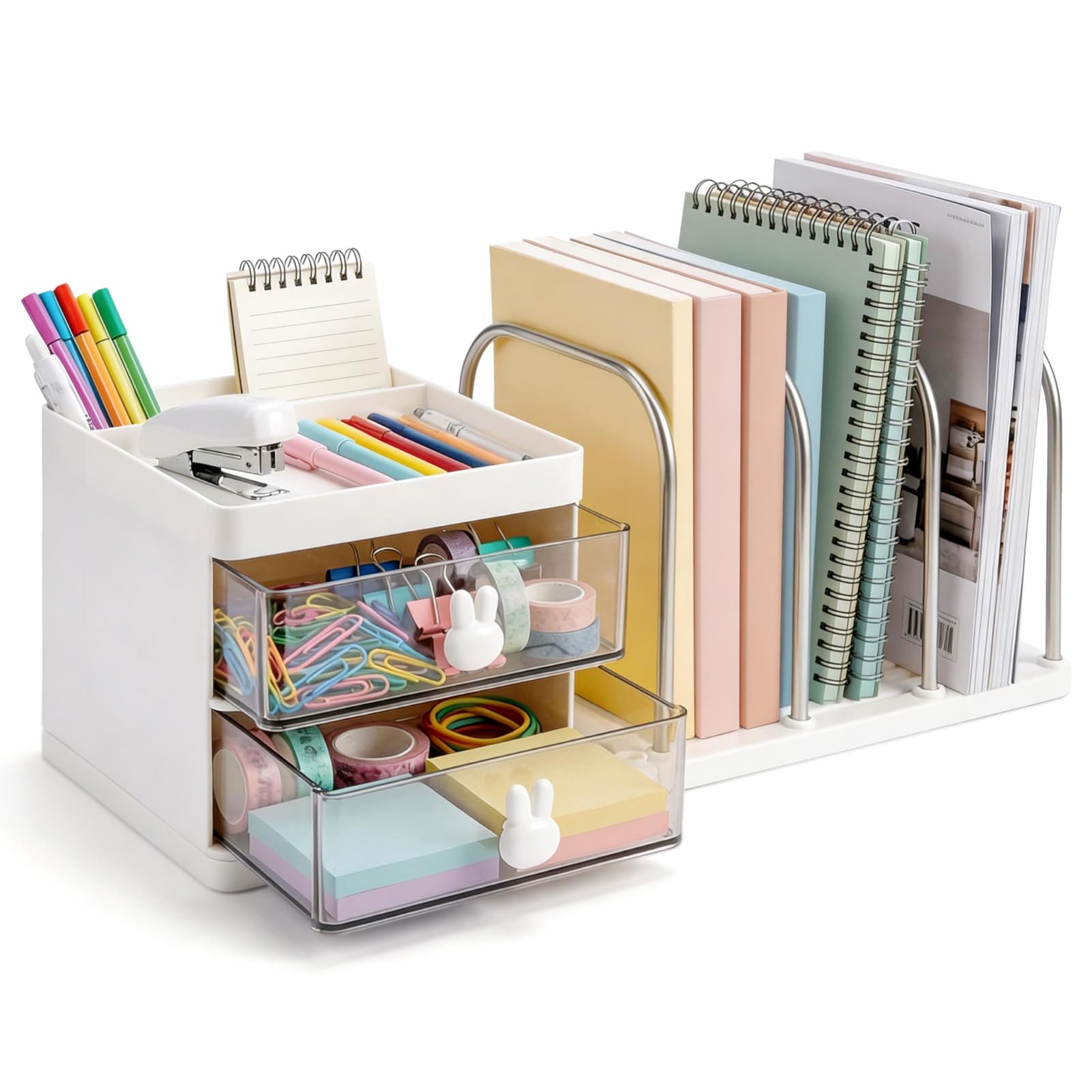 M.J COMFY-LIFE Desktop Organizer with Drawers White Plastic Bookshelf and File Sorter with Pen Holder 4 Metal Bookends Compact Desk Storage for Home Office Student Dorm Room Supplies