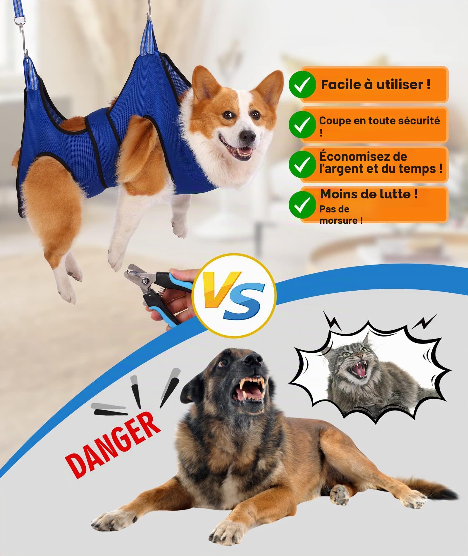 Kkiimatt Hamac de toilettage pour chien, harnais pour chiens de taille moyenne/chat géant, coupe des ongles avec pince/lime, sangle large cousue sur sac de retenue pour animaux de compagnie, bleu