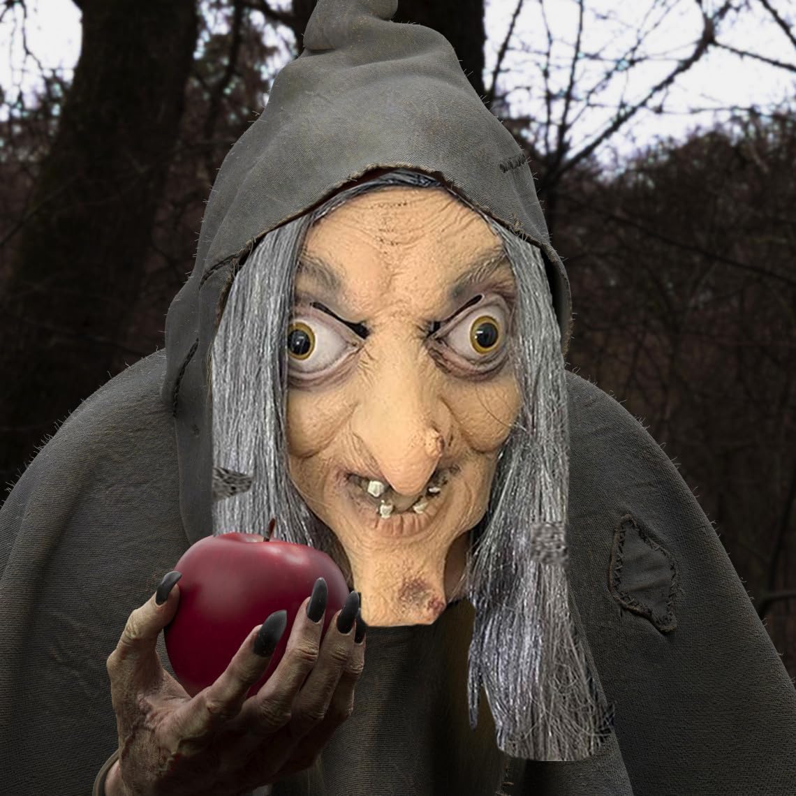 Utaomld Old Witch Mask with Logn Grey Wig Halloween Latex Scary Full Head Masks Adult Teens Women Horror Witches Cosplay Costume Headwear Party Props Skin Color