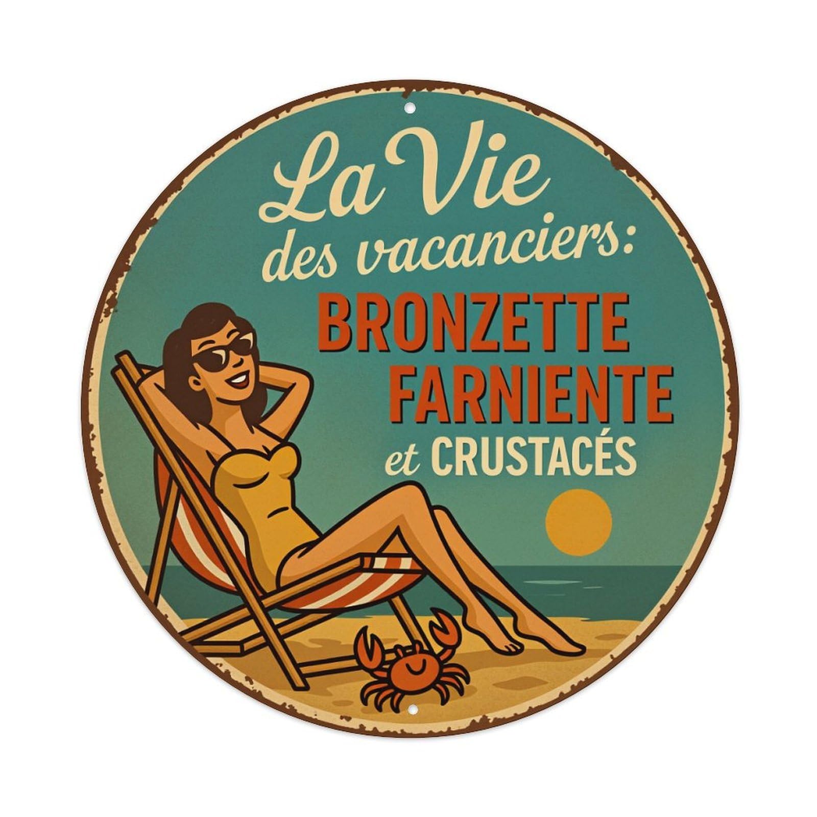 Beach Chair Woman Crab Sun Round Tin Sign Vintage Metal Poster Retro Bar, Home, Man Cave, Kitchen, Laundry Room Wall Art Decor Gift 8x8Inch