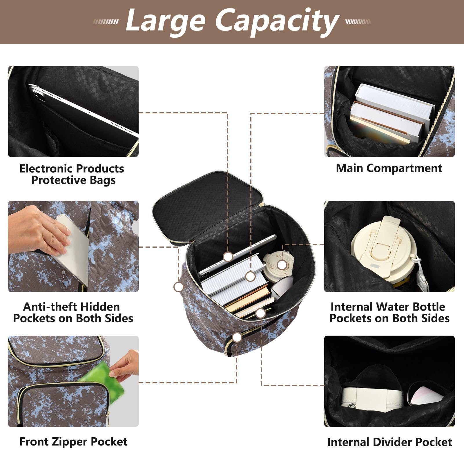 Zaino alla moda da 15 l per le donne leggero durevole versatile borsa | Trapuntato tessuto durevole forma convertibile multi tasche con cerniera per le signore viaggi sport gite quotidiane