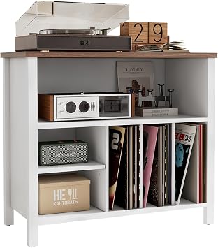 Record Player Stand, Mid-Century Vinyl Record Storage Cabinet, 3-Tier Record Player Holder, Turntable Stand with 4 Cabinet up to 220 Albums, End Table for Bedroom Music Room Living Room, White