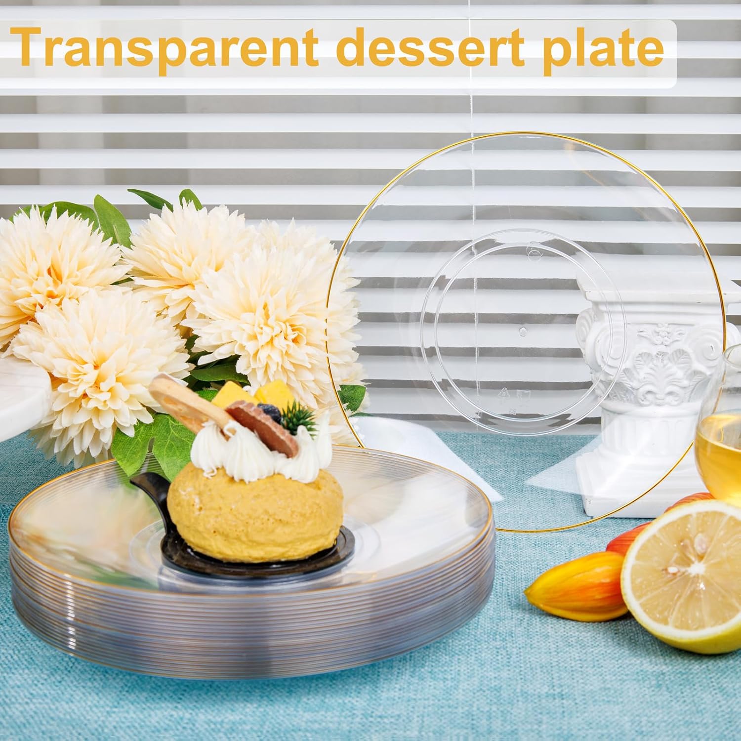 Nervure 100Pieces Clear and Gold Rim Plastic Plates - 7.5inch Disposabl Salad Dessert Plate - Clear and Gold Party Plates Ideal for Wedding & Party - Image 2