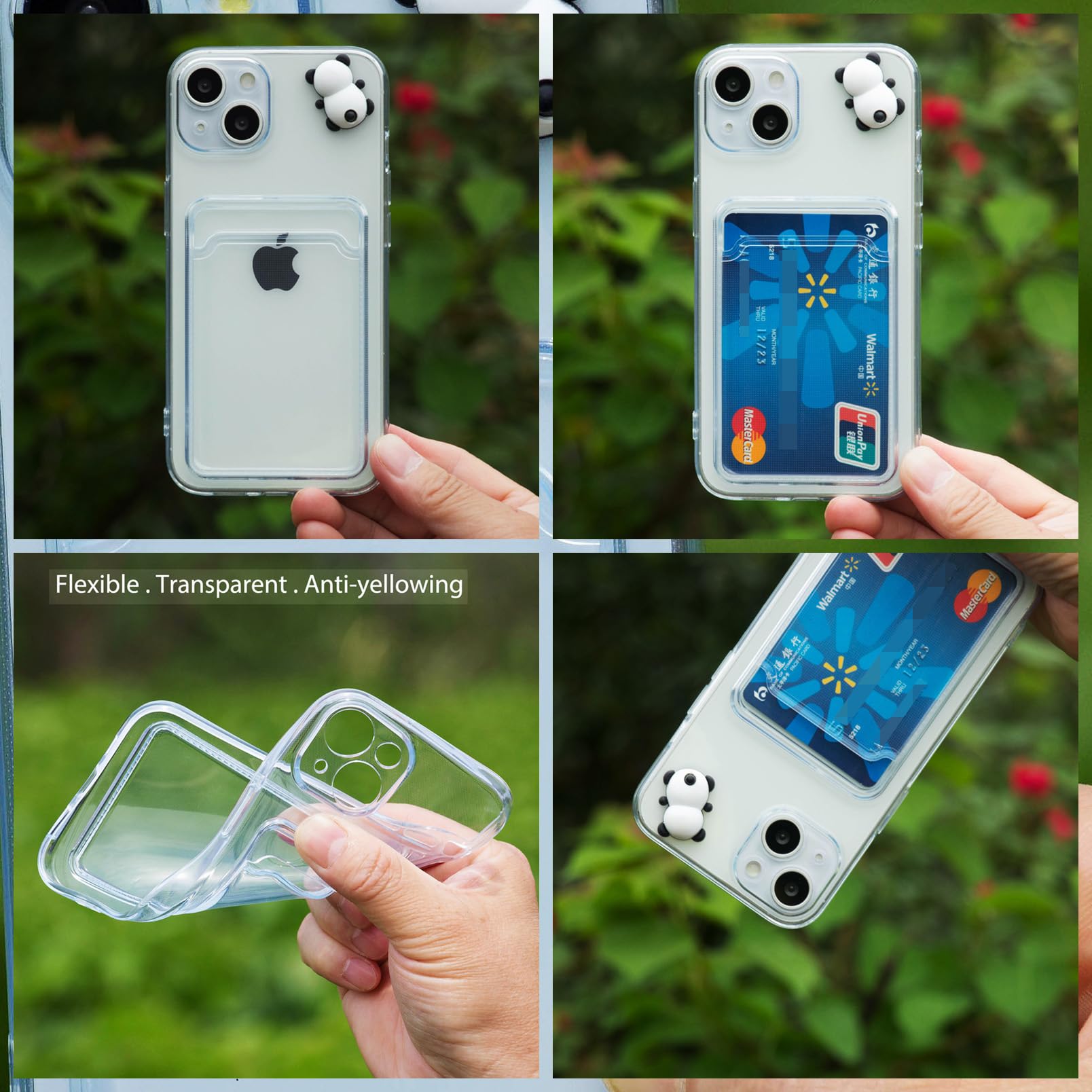 Chengyuanfeng Cover Trasparente per iPhone 14 Plus con Porta Carte, Custodia Ultra-Sottile 1,5 mm in TPU Antigiallo Antiurto, Minimalista Portafoglio con 3D Panda Applicato a Mano, Studenti e Campus
