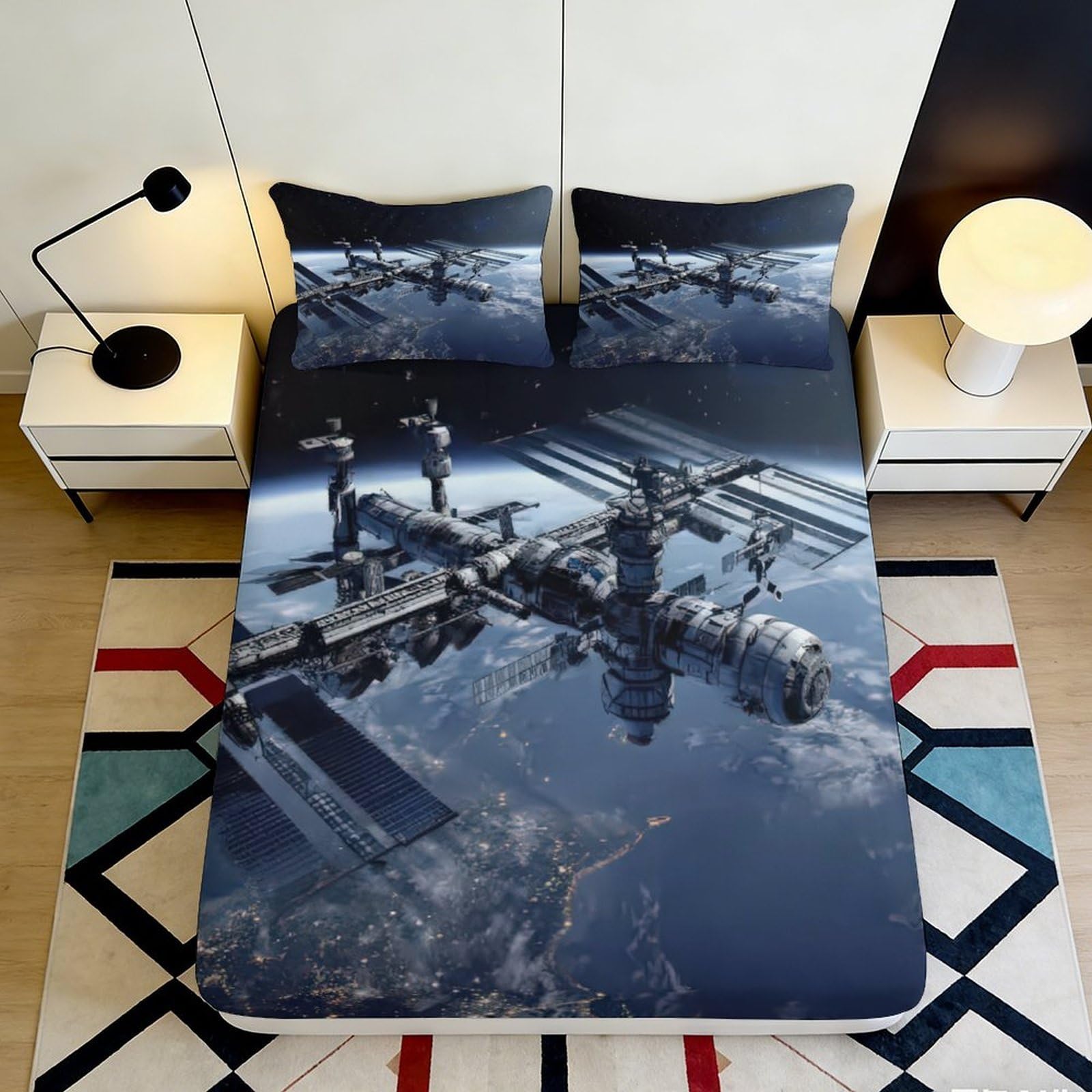 3D Printed Space Station Fitted Sheet Microfiber Soft Astronaut View Bed Cover for Bedroom Dorm Decor 90x200x25cm