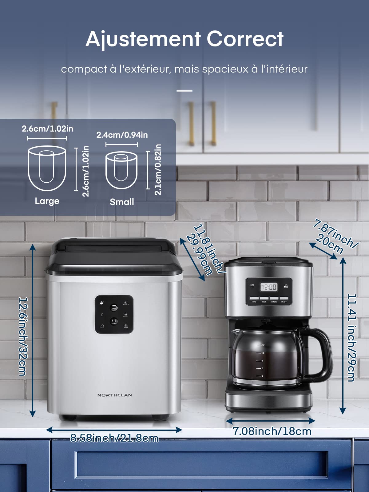 Machine à Glaçons Acier Inoxydable, Autonettoyante, 2 Tailles de Glaçons, 14kg en 24h, 9 Glaçons en 6 Minutes, Écran LCD et Réservoir d'Eau de 2L, Capteur IR, Cuillère à Glaçons et Panier, NORTHCLAN