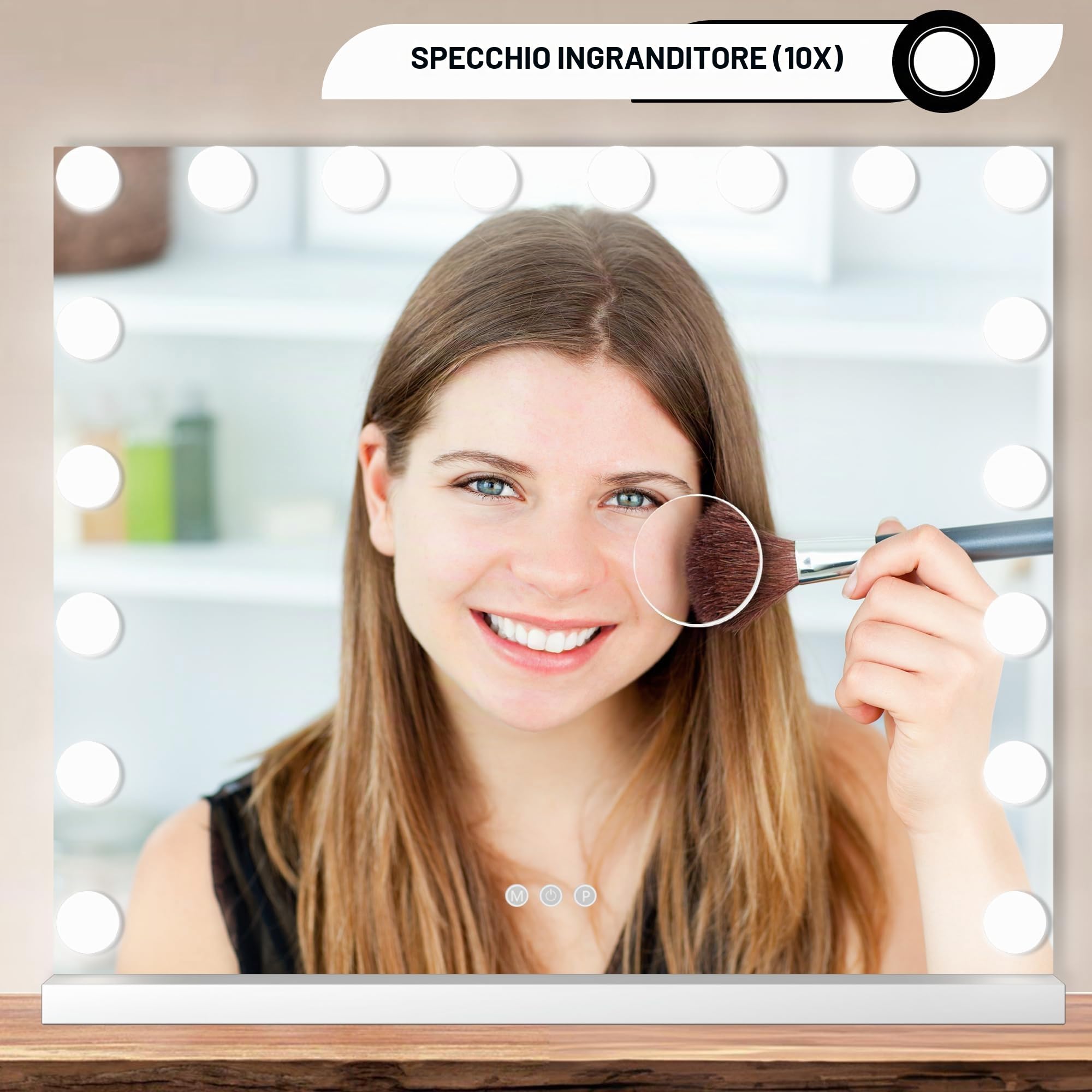 Bayt Specchio trucco con luci e Bluetooth, Specchio cosmetico Hollywood - Trucco - 80x60 - Dimmerabile - Ingrandimento 10x (Bianco)
