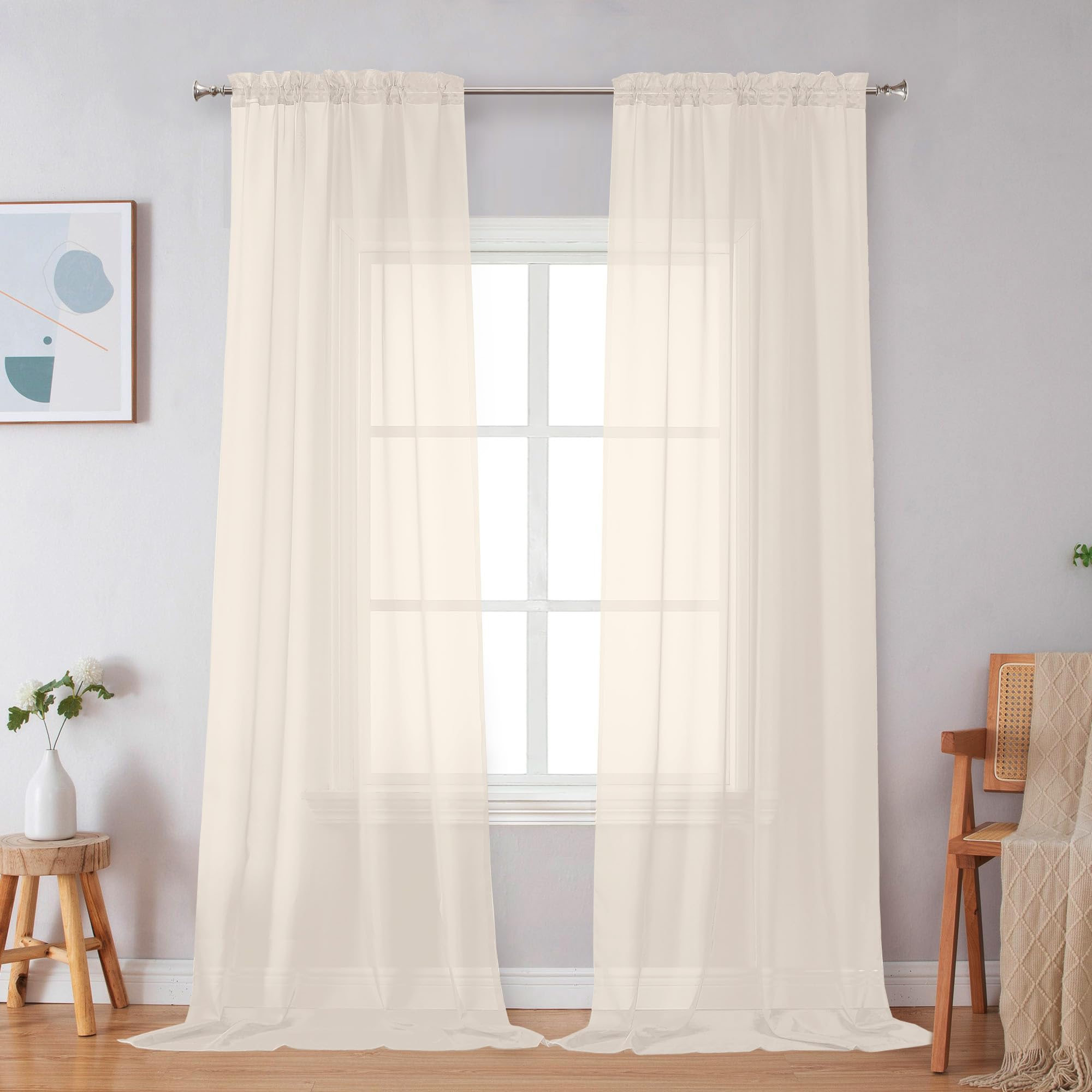 Simplebrand Cream Sheer Curtains 96 Inches Long 2 Panels Light Filtering