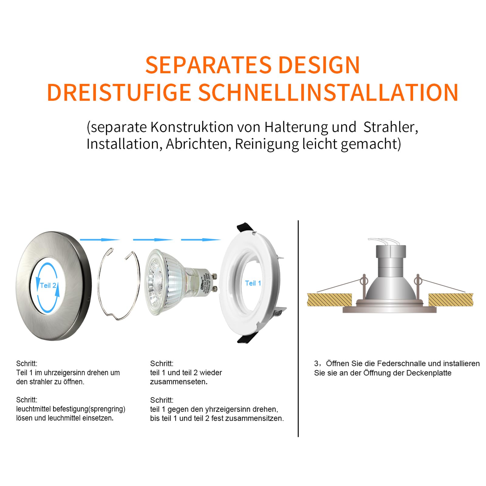 HiBay Spot LED Encastrable Salle de Bain GU10,10x 5W Blanc Neutre 4500K Trou 60-68mm,Plafonnier Encastré COB Inox 220V,Avec 4 Cadre Spot encastrable,Ampoules douille gu10