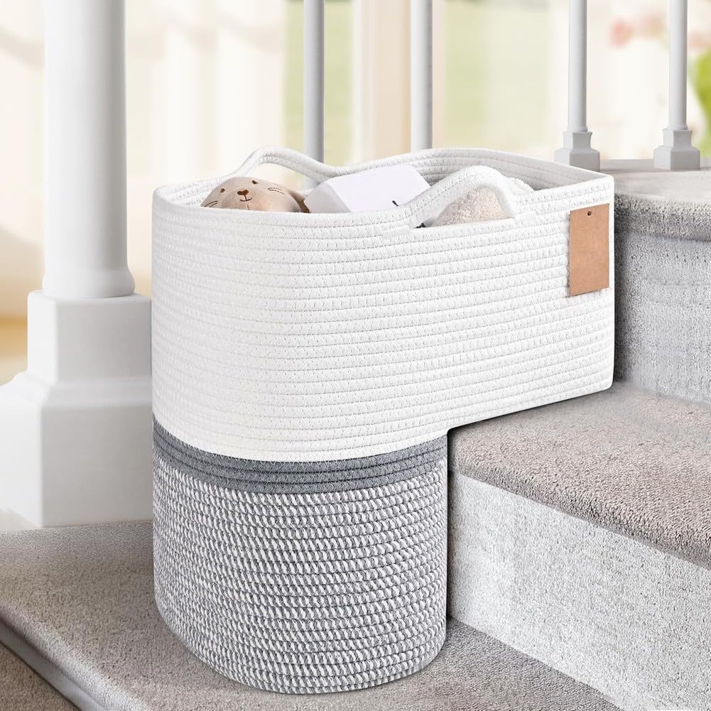 Cestino per scale in tessuto con manici per giocattoli e libri, cesto portaoggetti in lino per scale in moquette, organizer compatto per scale, design salvaspazio (B)
