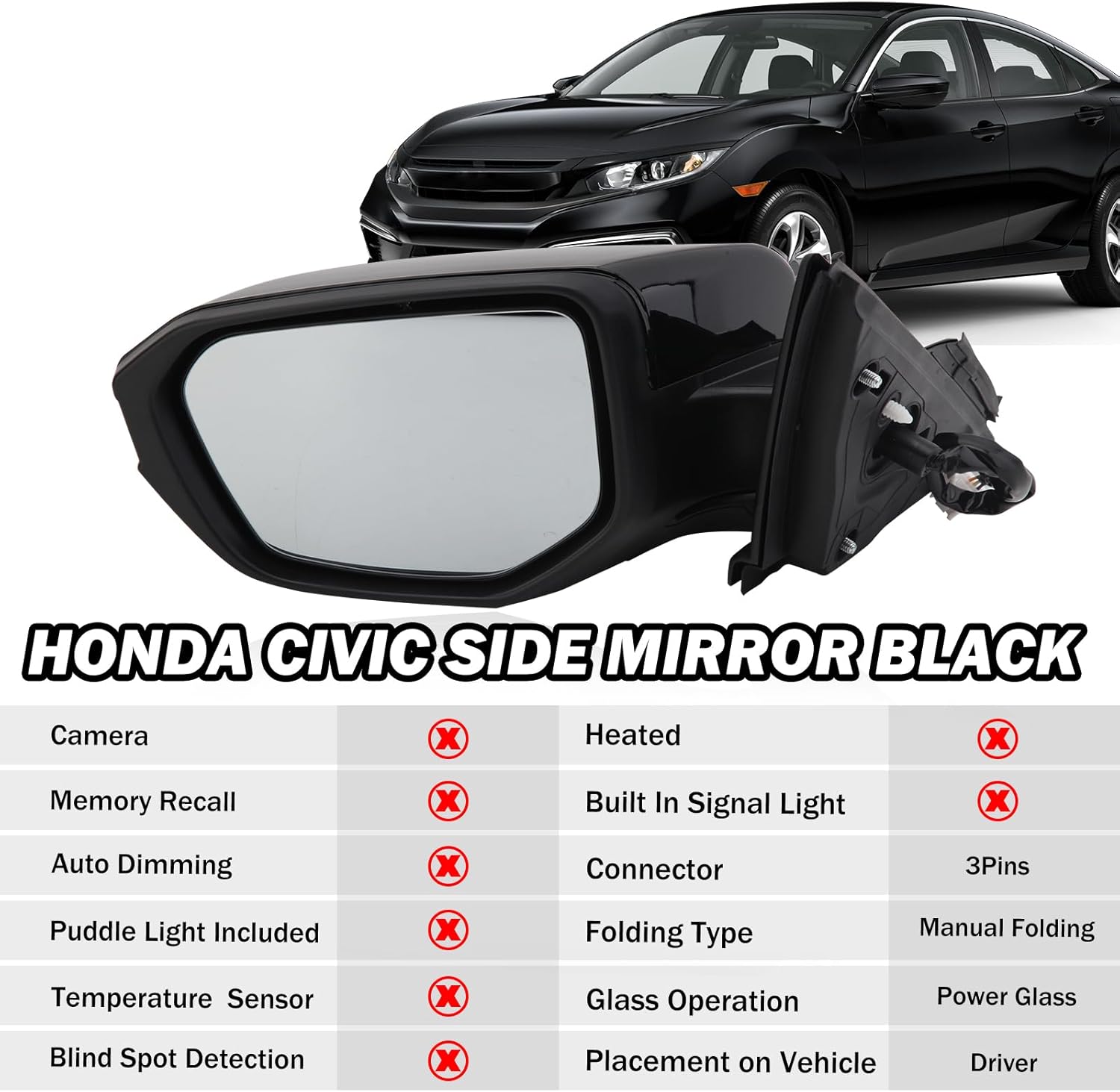 Driver Side Mirror Compatible With 2016 2017 2018 2019 2020 2021 Honda Civic LX SE Sport,Mirror with Power Glass,Non-Heated,Manual Folding