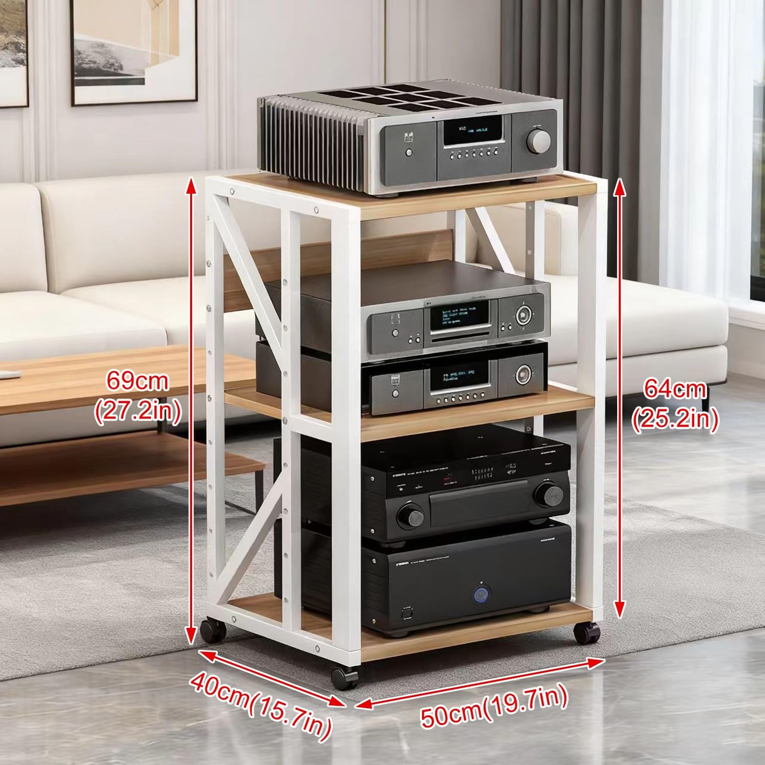 Stojak na sprzęt HiFi/drukarkę 2/3-poziomowy, drewniana szafka na nośniki audio, półka AV, wielofunkcyjny stojak na sprzęt audio o regulowanej wysokości do domu/biura/kina (biały, 50 x 40 x 69 cm