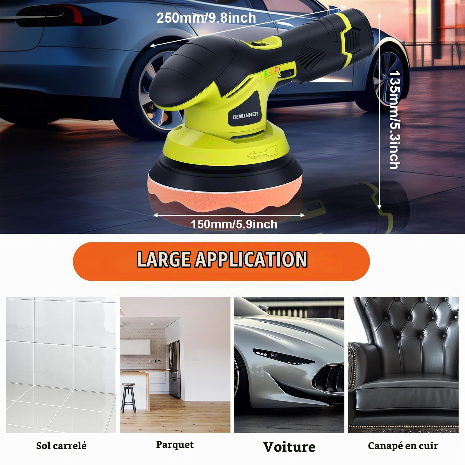 DEWINNER Polisseuse Voiture Professionnelle, Machine à Polir Variable à 6 Vitesses, 2*2A Batterie, 26 accessoires de polissage Rotative 5000rpm, Pour Le Polissage, Cirage, Ponçage