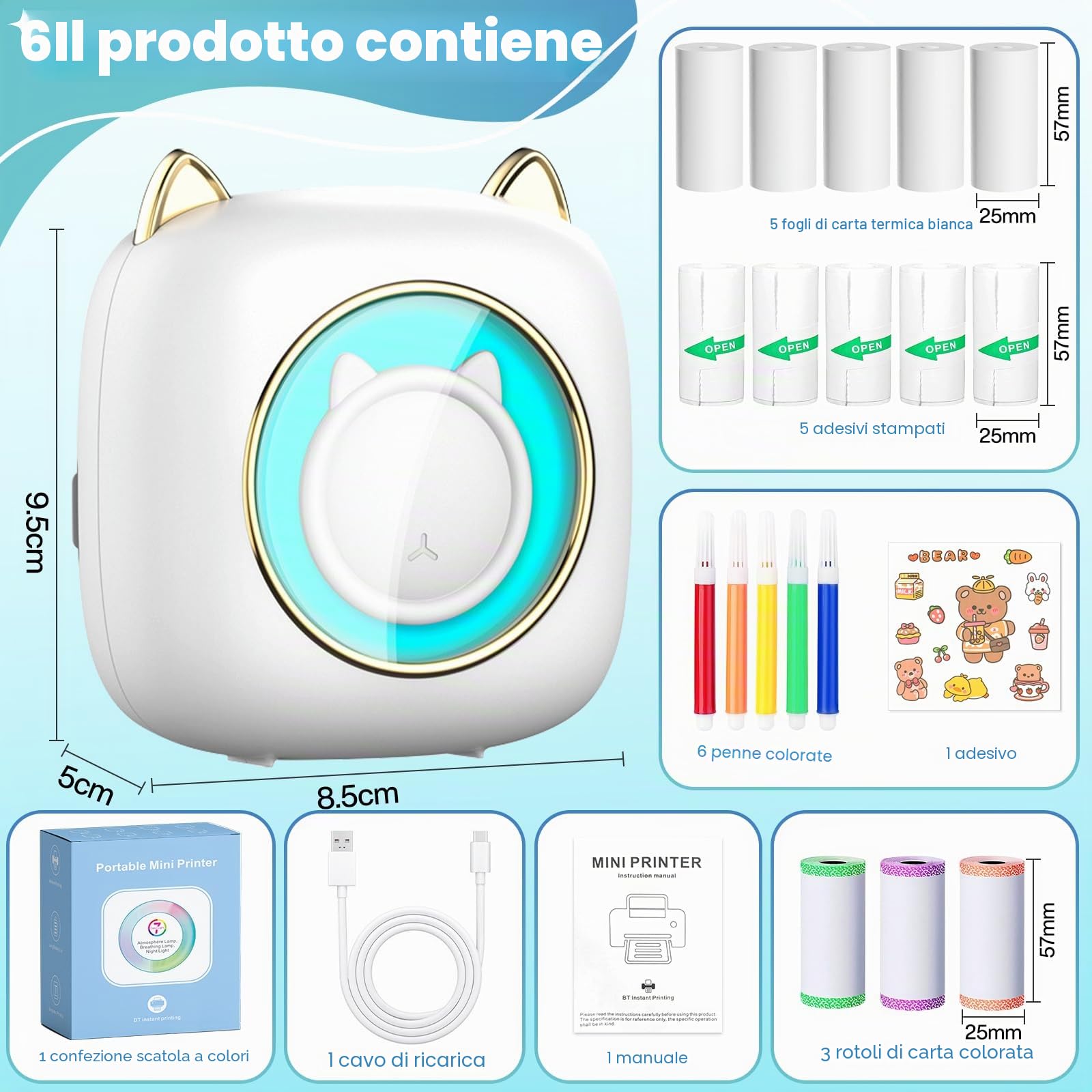 Mini Stampante Fotografica, Mini Stampante Termica, Stampante Fotografica Istantanea Bluetooth Portatile con Ricarica USB & 14 Rotoli di Carta, per Studio, Note, Diario, Elenco, Bianco