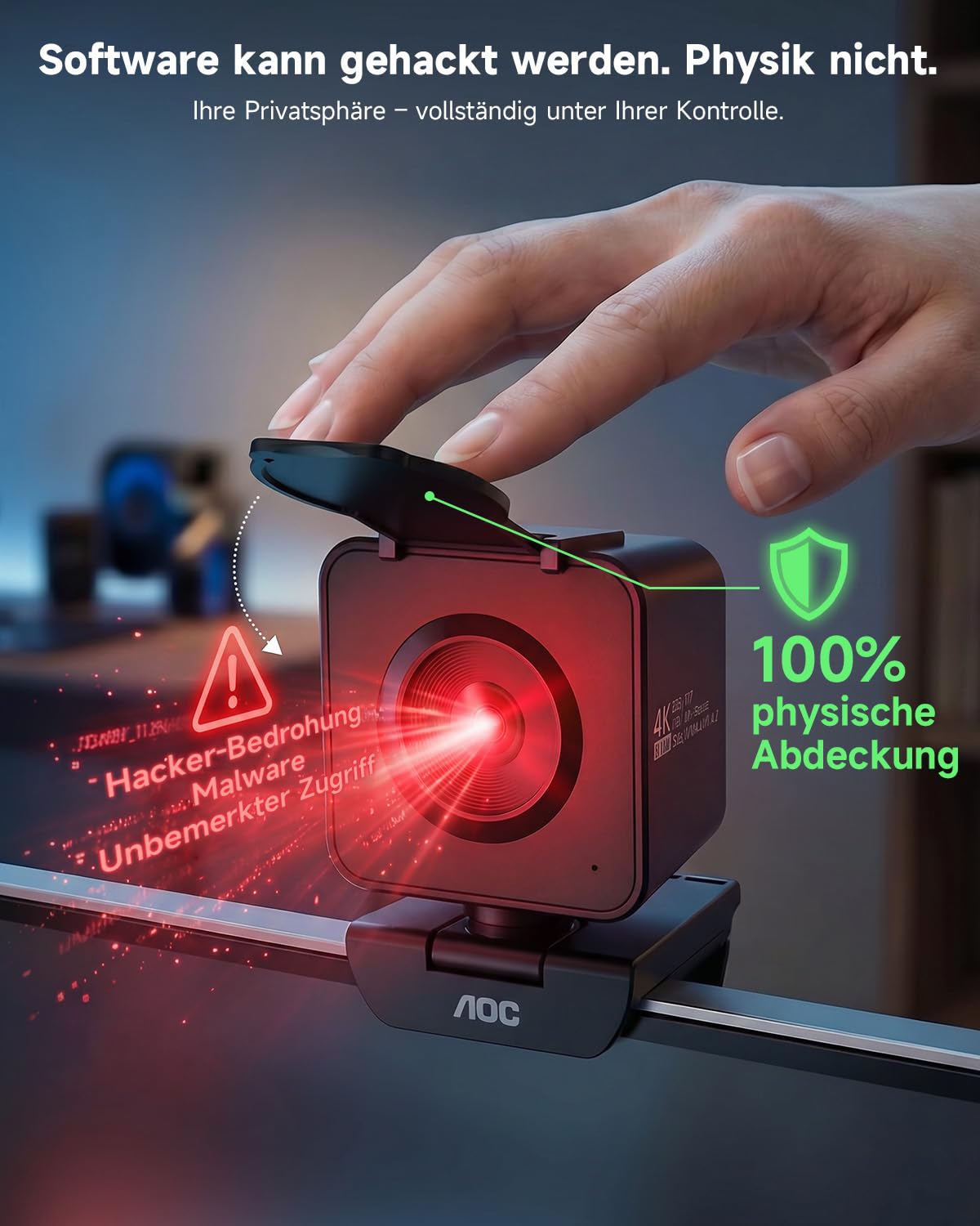 AOC UHD Webcam 4K, Webcam mit Objektivabdeckung & Dual Mikrofon, 75° Streaming Kamera mit Autofokus, Automatische Lichtkorrektur, Plug & Play, PC Kamera für Konferenzen, FaceTime, Linux, Win10, Mac OS