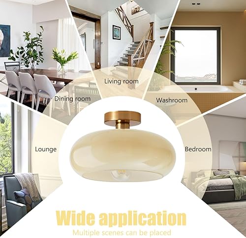 Miniatura 7 de Lámpara de techo de latón empotrada de mediados de siglo, moderna lámpara de techo dorada cepillada de vidrio amarillo leche semiempotrada, lámpara