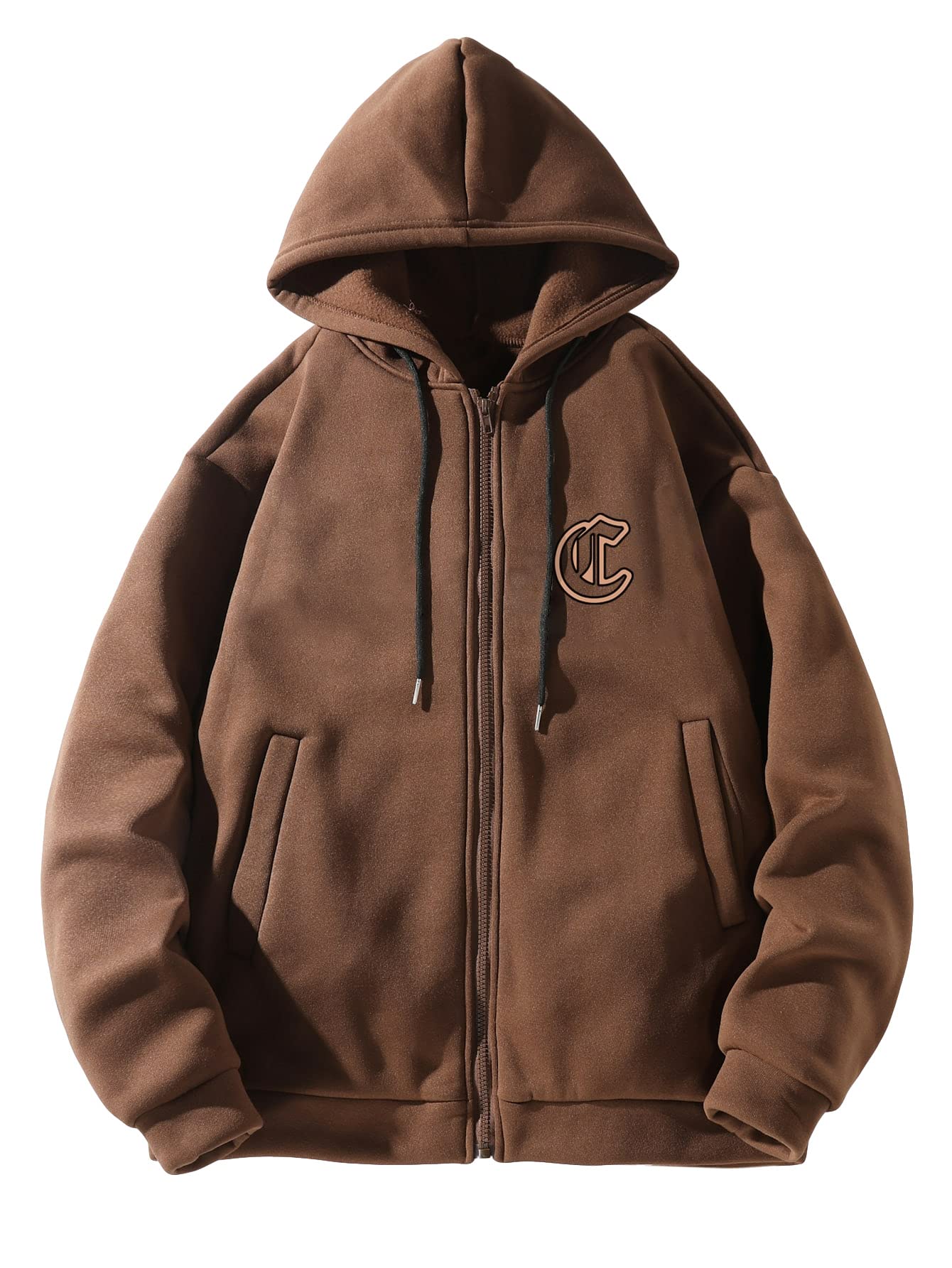 FloernsMen's Letter Print Long Sleeve Zip Up Drawstring Sweatshirt Jacket