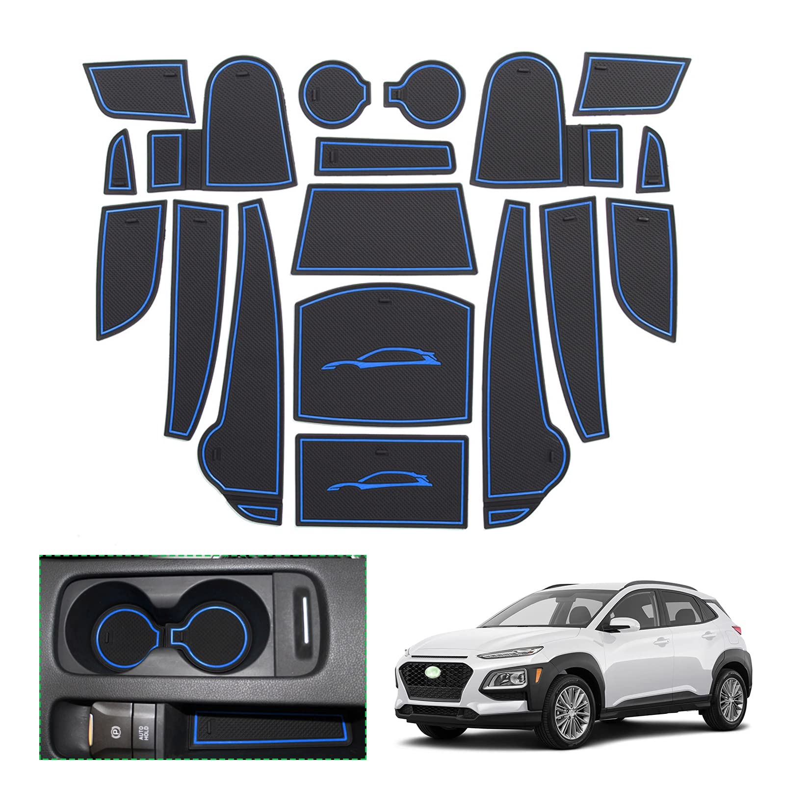 GAFAT Kona/Kona Hybrid 2017-2021 Tappetini in Gomma per Consolle Centrale, Portabicchieri, Cuciture per Porta [Non per Elettriche EV, Non per Nuovo 2022] (Blu)