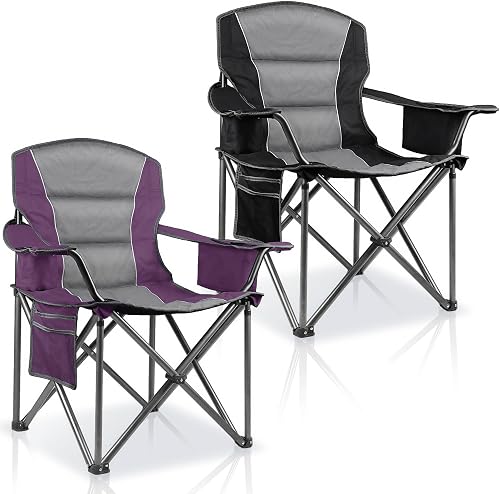 2 Pack Padded Oversized Camping Chairs for Adults,Heavy Duty Support 400 Lbs,Folding Portable Lawn Chair w/Cup Holder,Cooler Bag,Side Pocket,Perfect for Outdoor Picnic,Hiking(Purple&Black)