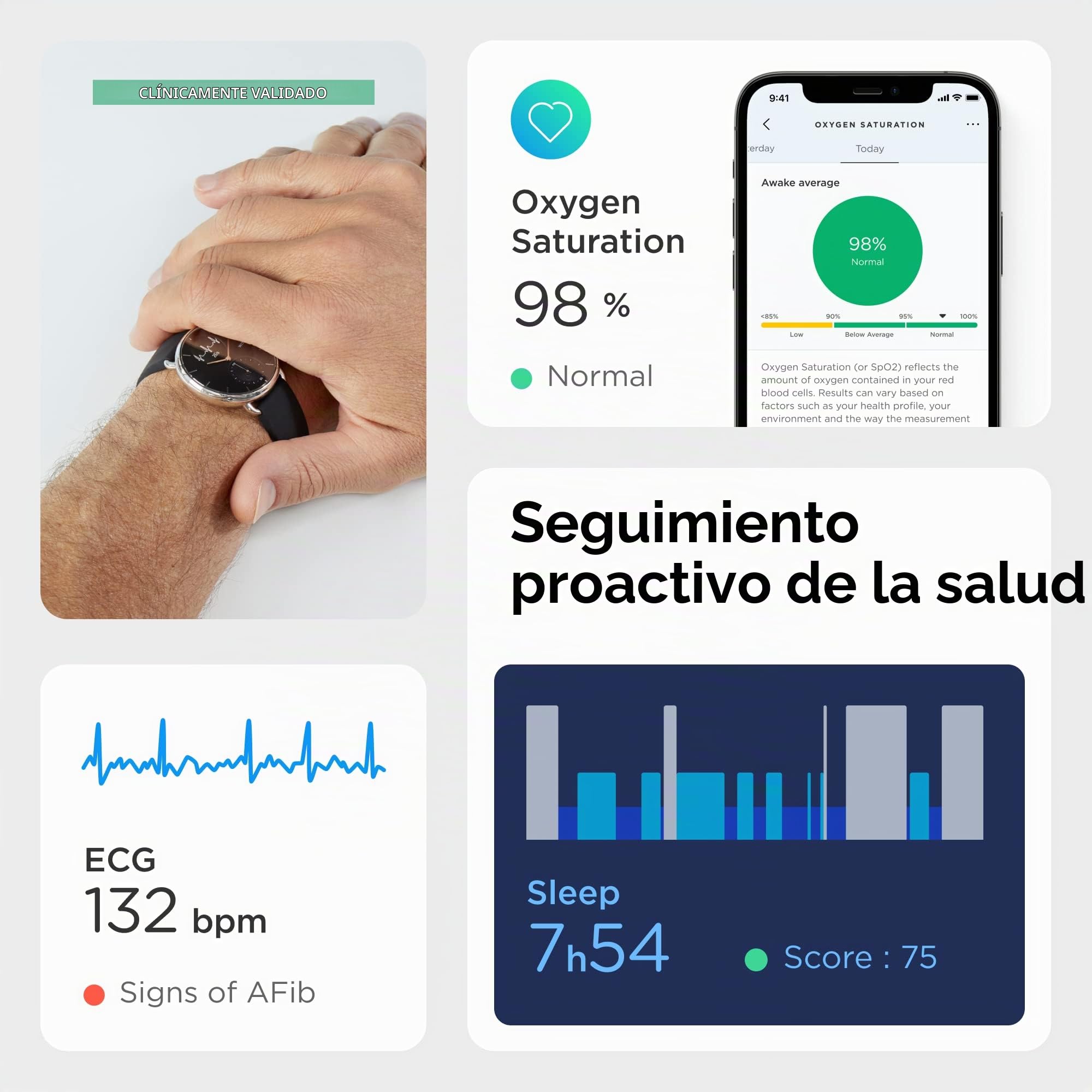 Withings Scanwatch: reloj inteligente deportivo híbrido con ECG, frecuencia cardíaca, SPO2 y rastreador del sueño, podómetro, reloj inteligente con cargador
