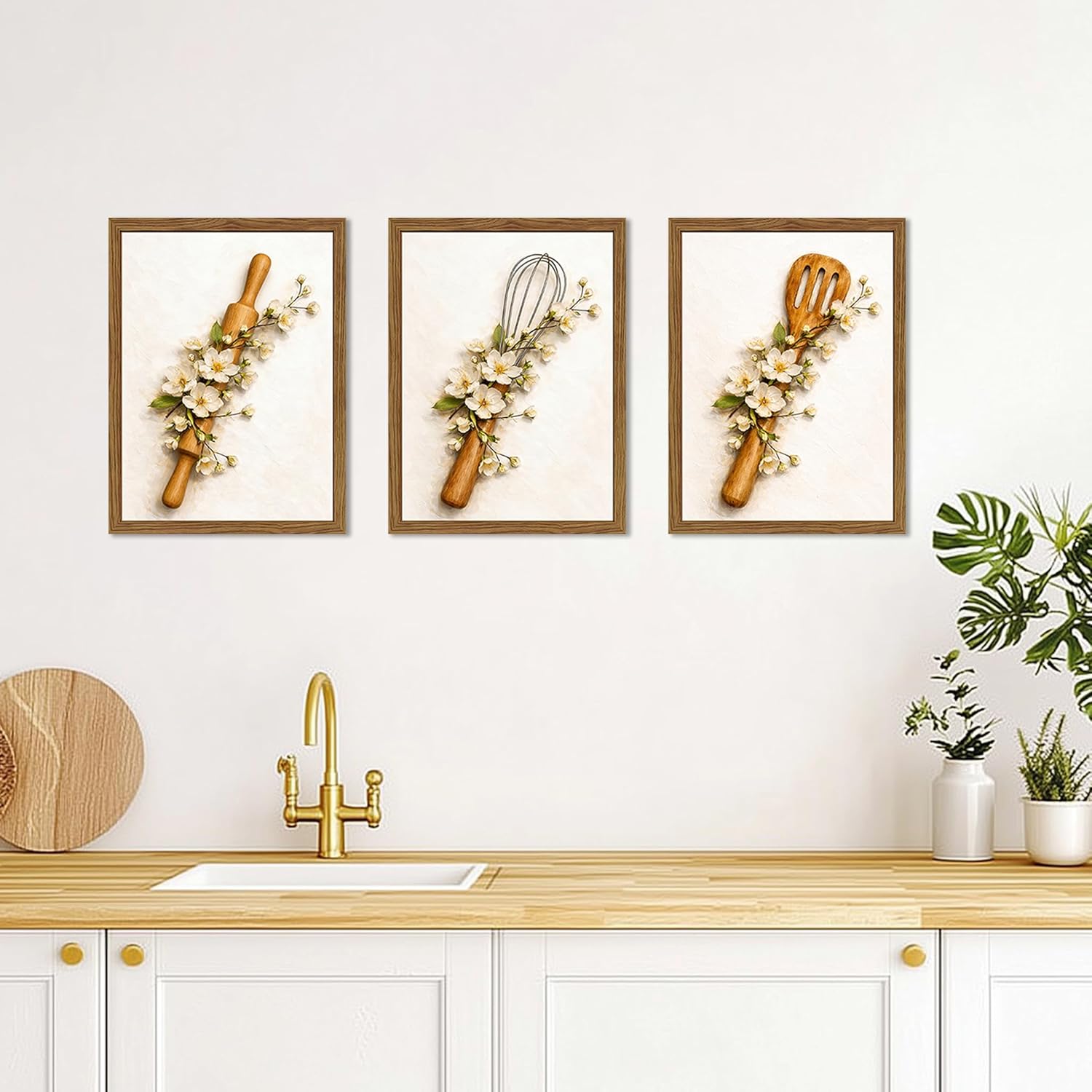 Modern Kitchen Wall Decor Set of 3 Framed Canvas Prints – Minimalist Botanical Floral Plant Artwork with Kitchen Utensil Design for Dining Room, Farmhouse Home Decor, 12x16 Inch
