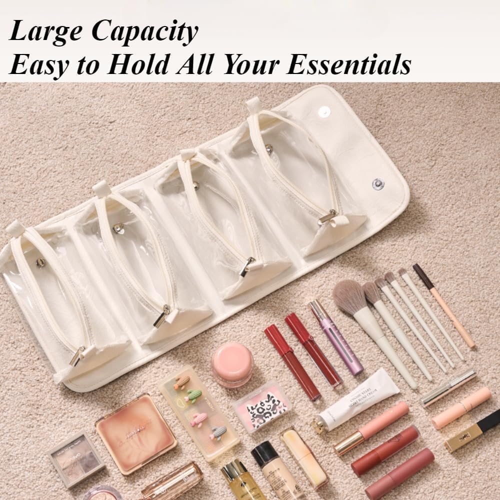 Leather Waterproof Cosmetic Bag Detachable 4 in 1 Travel Toiletry Bag with 4 Detachable Clear Compartment Roll up Makeup Bag Hanging Makeup Bag Leather Multi Compartment Cosmetic Bag (White)