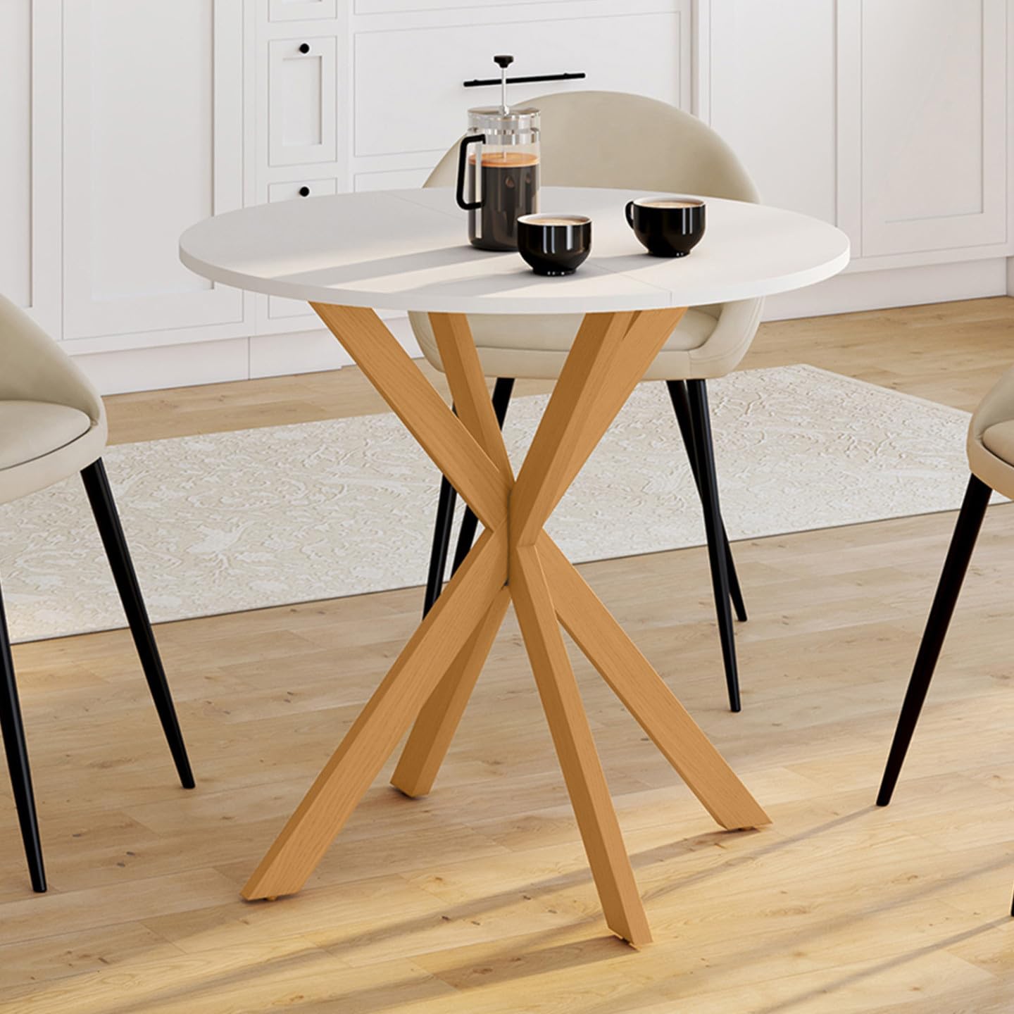 IDMarket - Tavolo da pranzo rotondo per 4 persone GISELE con gamba a ragno in legno e piano bianco 80 cm