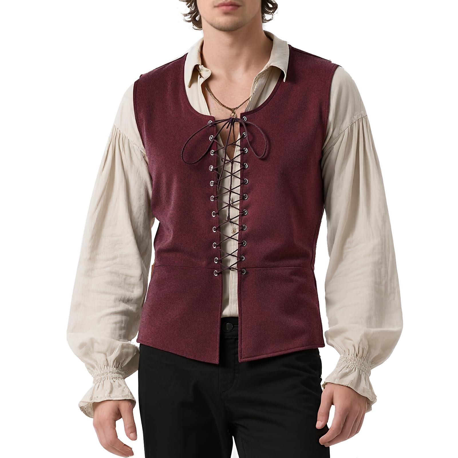 Tyuduo Men's Red Medieval Renaissance Pirate Vest Gothic Steampunk Waistcoat For (, L)