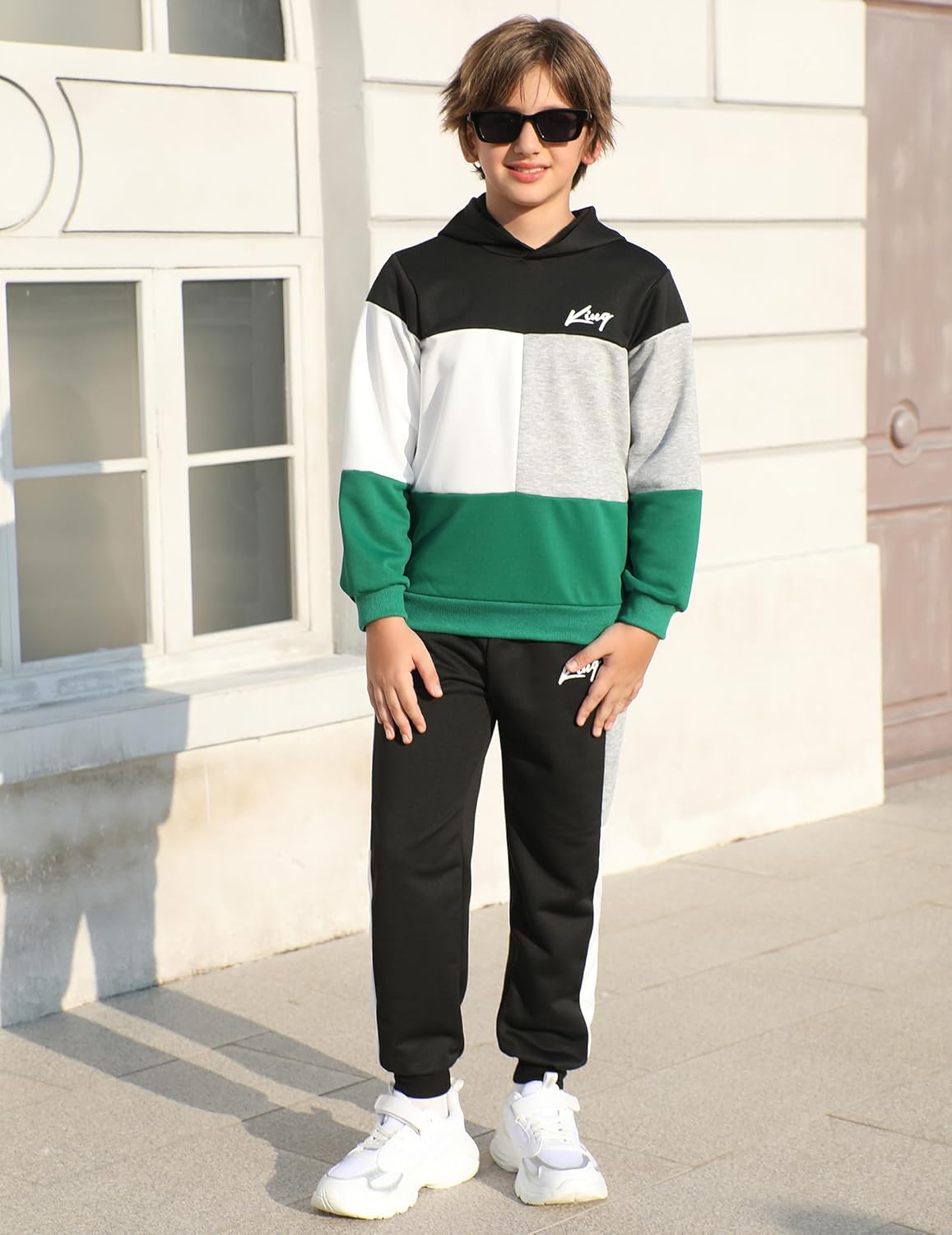 2 Pcs Boys Clothes Sweatsuit Set Color Blocked Hoodie Top and Jogger Pants for Kids Fall Winter Spring Outfits - Image 2