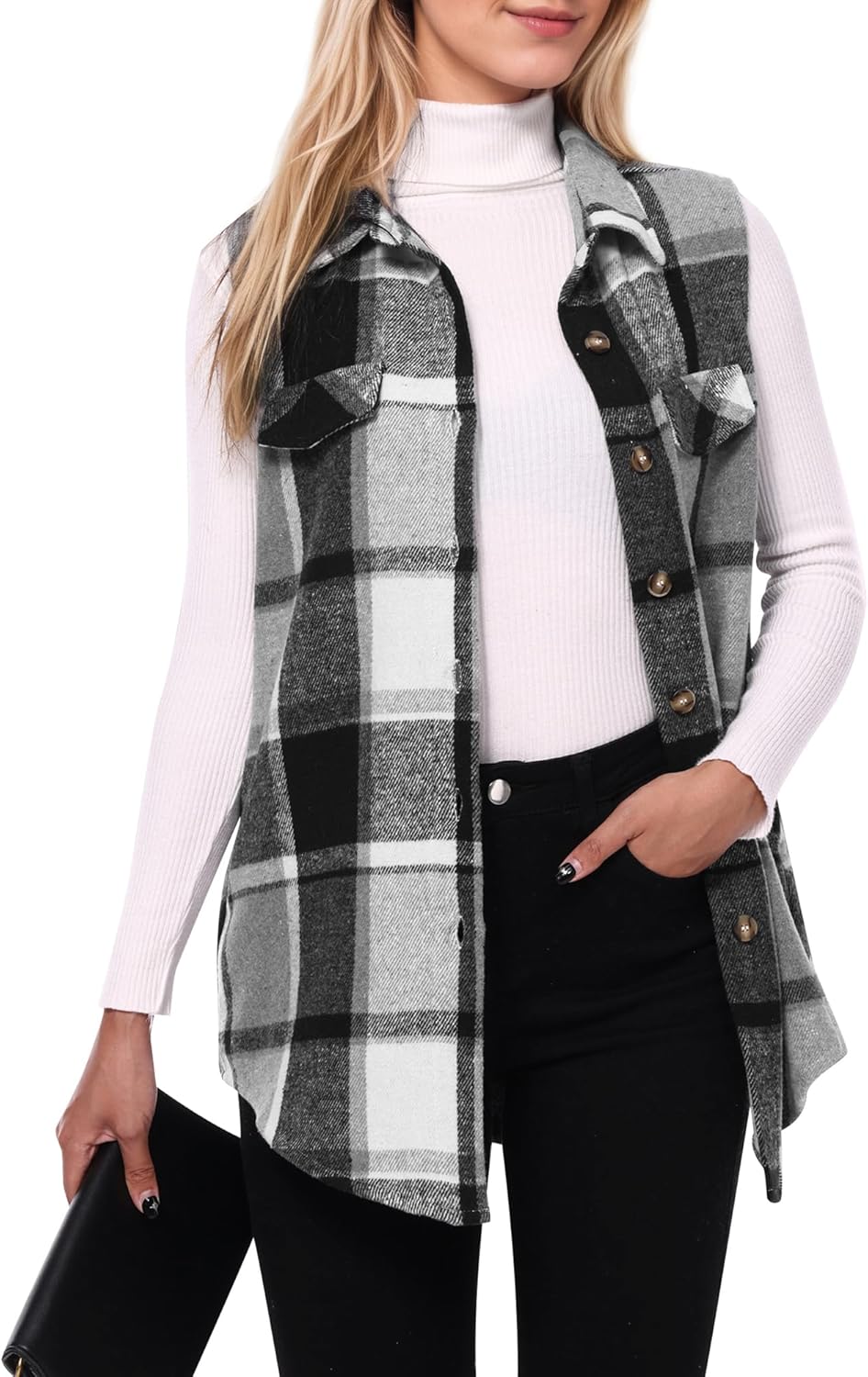 Am Direct Women's Plaid Flannel Sleeveless Shacket Button Down Vest Shirt Jacket With Pockets