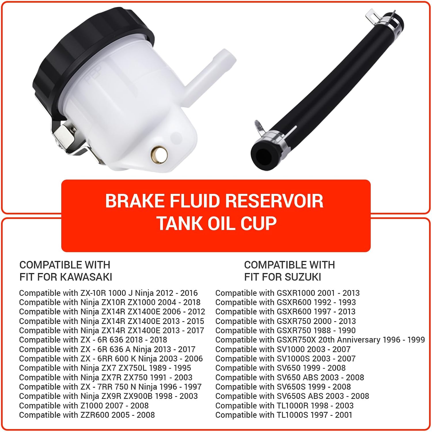 Universal Motorcycle Front Brake Fluid Reservoir Oil Cup with Hose & Clamps – Master Cylinder Replacement Compatible with ZX GSXR R6 R1 Ninja Sport Bikes
