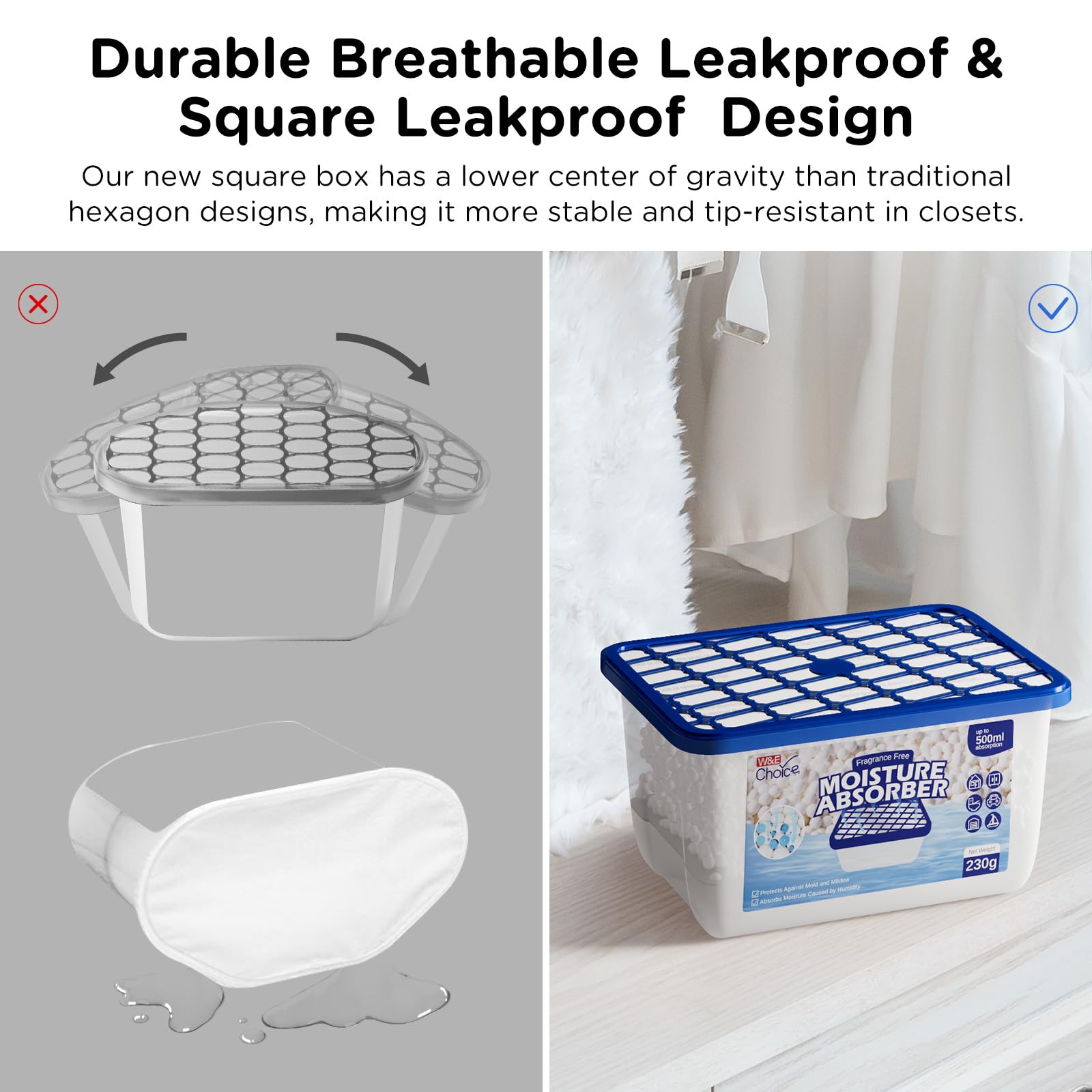 W&E Choice Absorbentes de humedad, cajas absorbentes de humedad portátiles para tu baño, armario y coche, deshumidificador sin fragancia, paquete de 6
