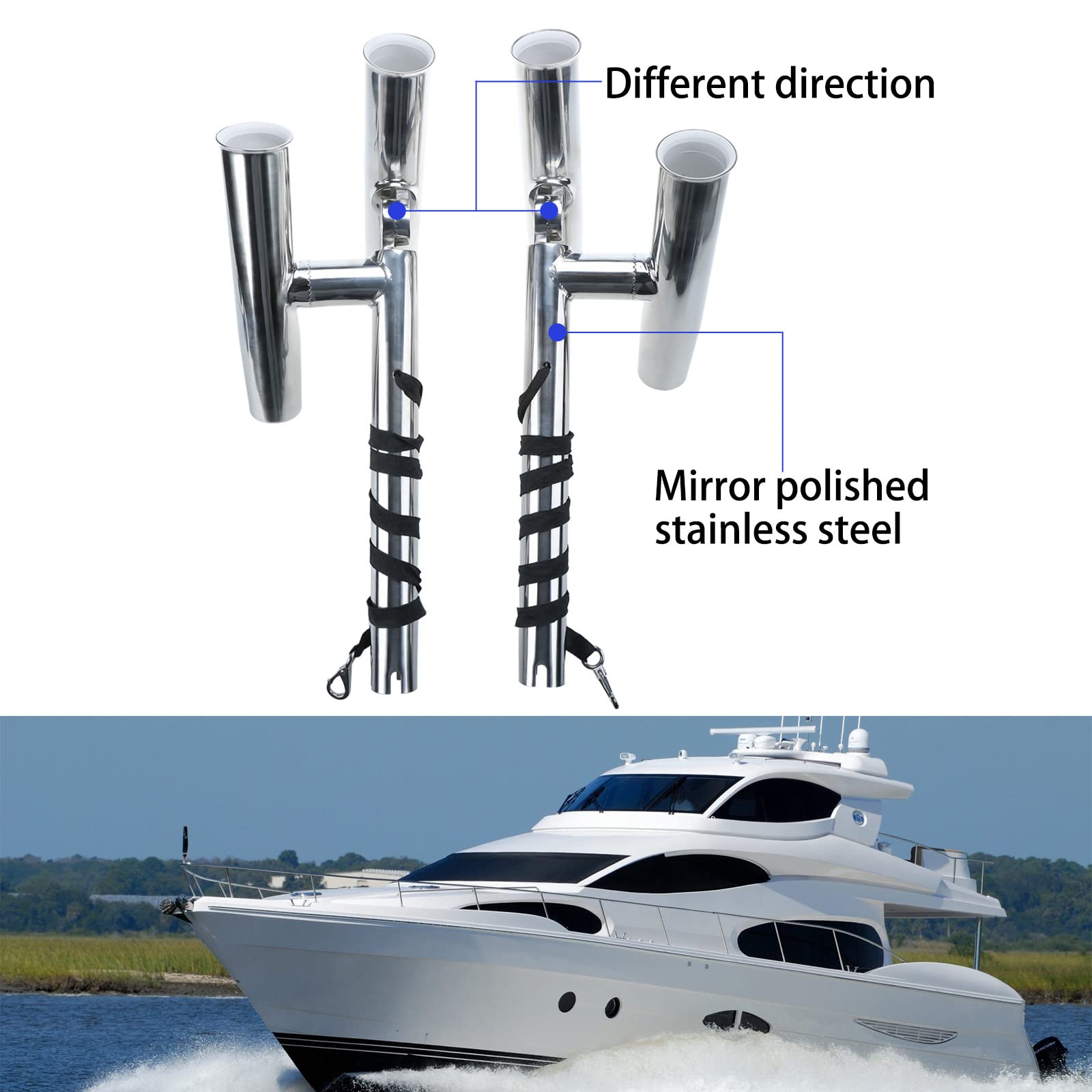 YaeMarine Coppia di supporti per canna da pesca in acciaio inox argentato, altamente lucidato, doppio supporto per canna da pesca regolabile, doppio angolo regolabile, qualsiasi angolo dall'acqua per