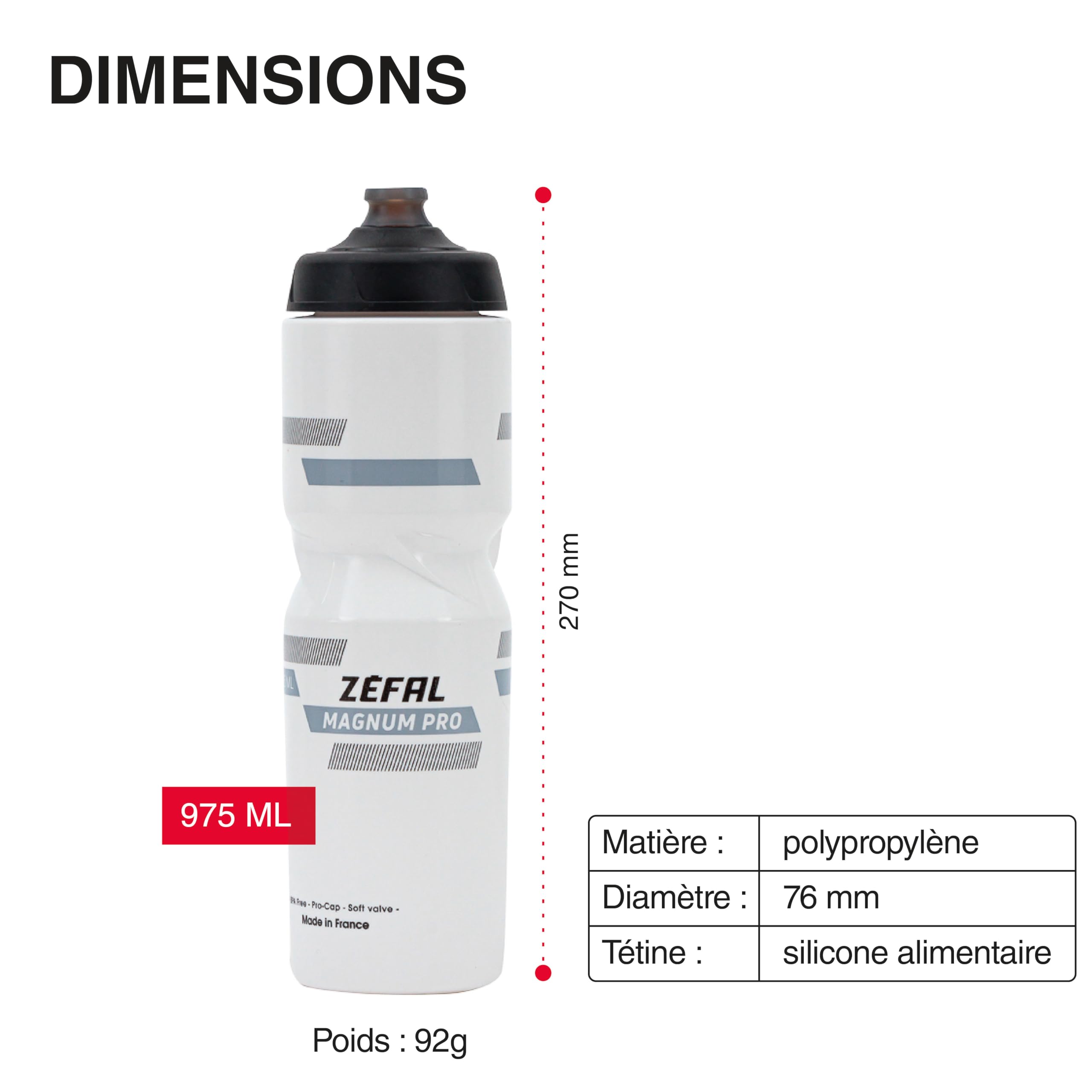 ZEFAL Magnum Pro Noir Fumé et Gris - Bidon Velo de Grande Contenance - Gourde Vélo/VTT et Sport Réutilisable sans BPA - Tétine en Silicone Étanche - 975 ml, 92 g