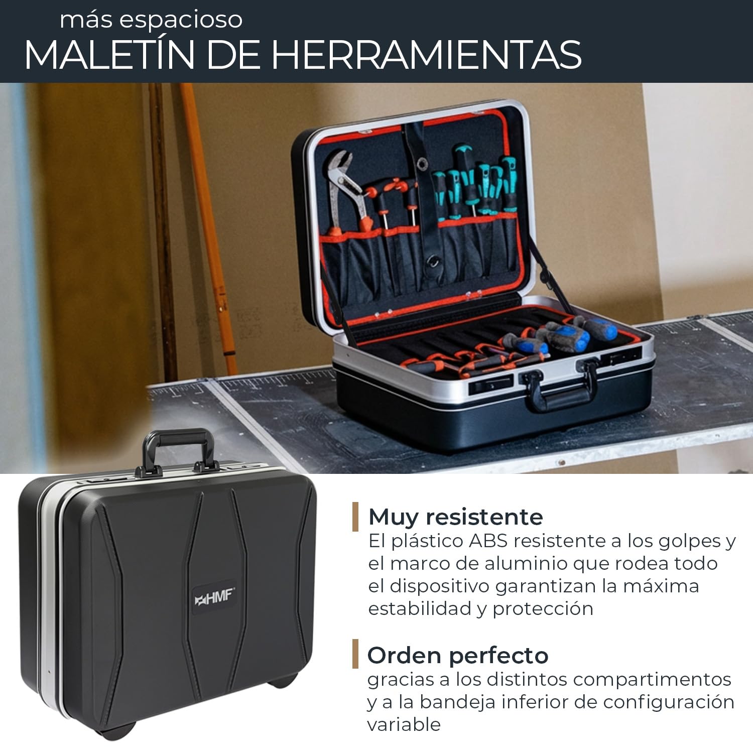 HMF 15601-02 Maletín de herramientas vacío, caja de herramientas grande de plástico ABS | 47 x 40 x 22 cm