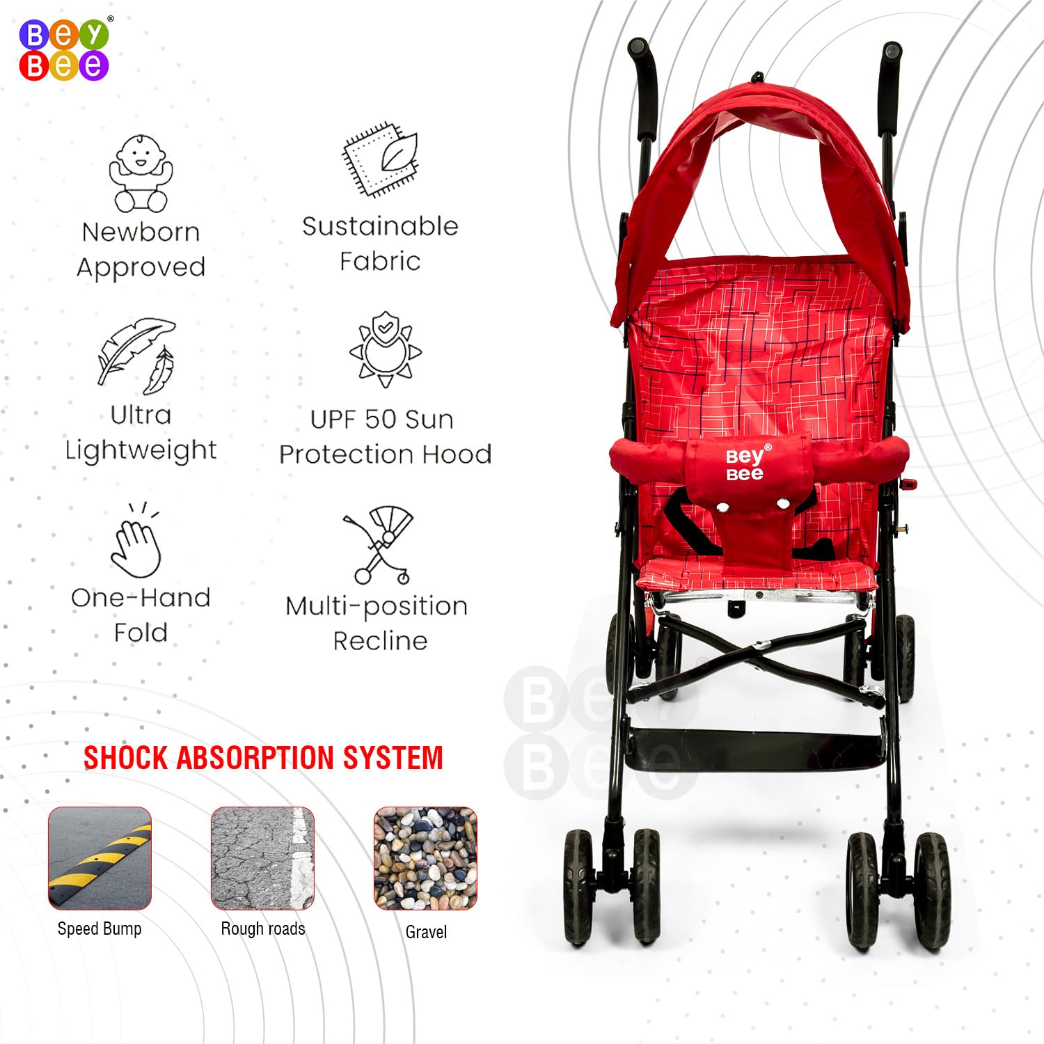 BeyBee Tutti Fruti Baby Stroller/Buggy, Compact & Travel Friendly Baby pram, for Baby & Kids, 6-36 Months, with 2 Point Safety Harness, Adjustable seat Recline, 15Kg Capacity (Orange) 3