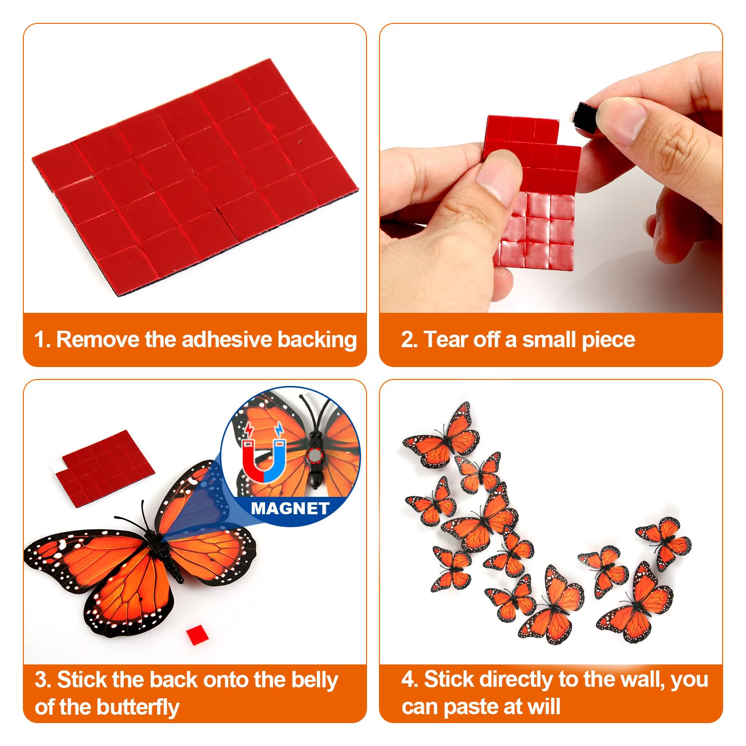 24 Farfalle Magnetiche 3D - Decorazione Arancione Per Frigorifero E Pareti - Foto 11