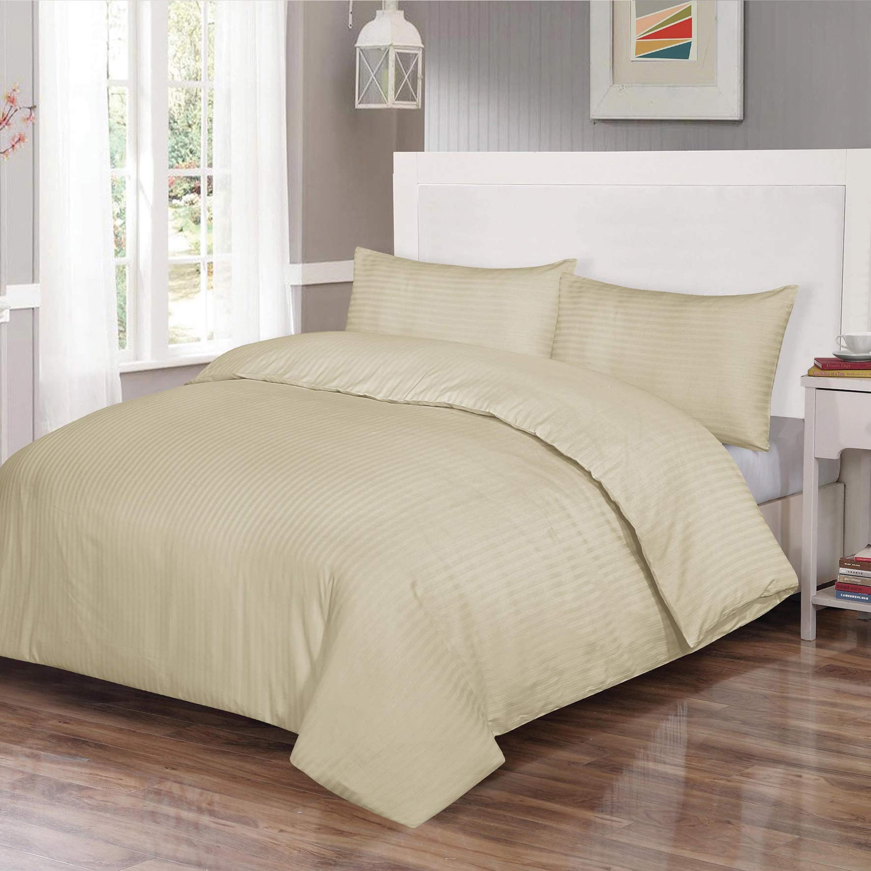 Arlinens Latte Soft Hotel Quality Satin Stripe T300 100% Egyptian Cotton Duvet Quilt Cover With Pillowcases Bedding Set (, Double)