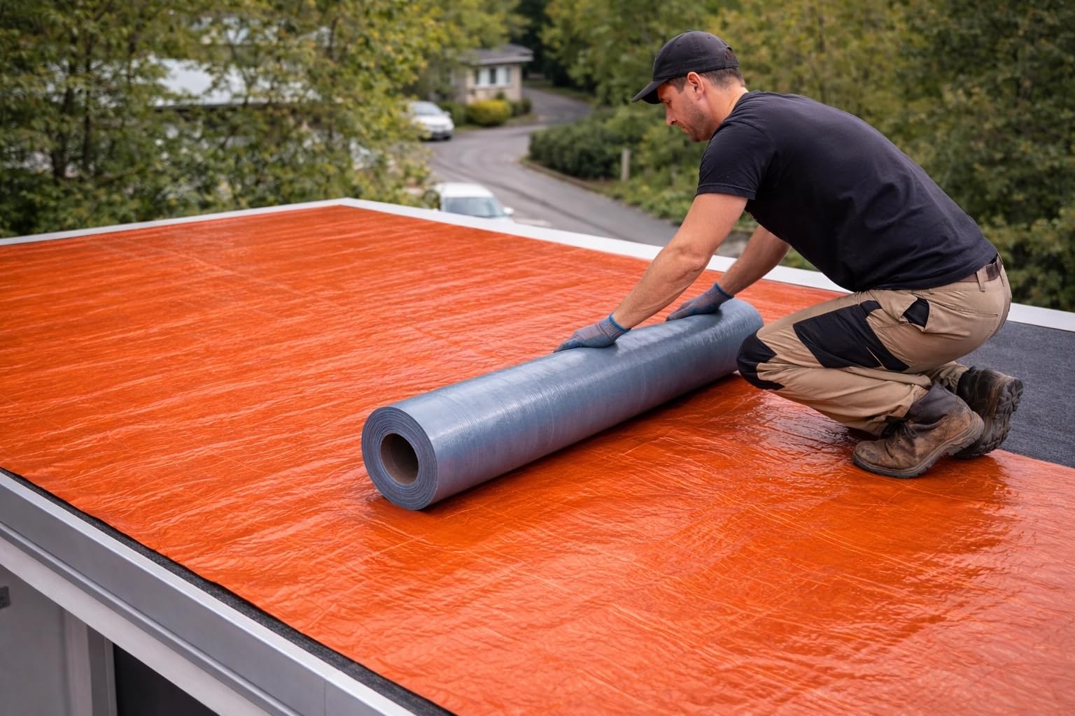 Techo autoadhesivo de 1 x 10 m de terracota – Hoja de techos de betún con cubierta de aluminio – Impermeabilización sin llama – para garajes, cobertizos de jardín y techo plano rollo de 10 m²