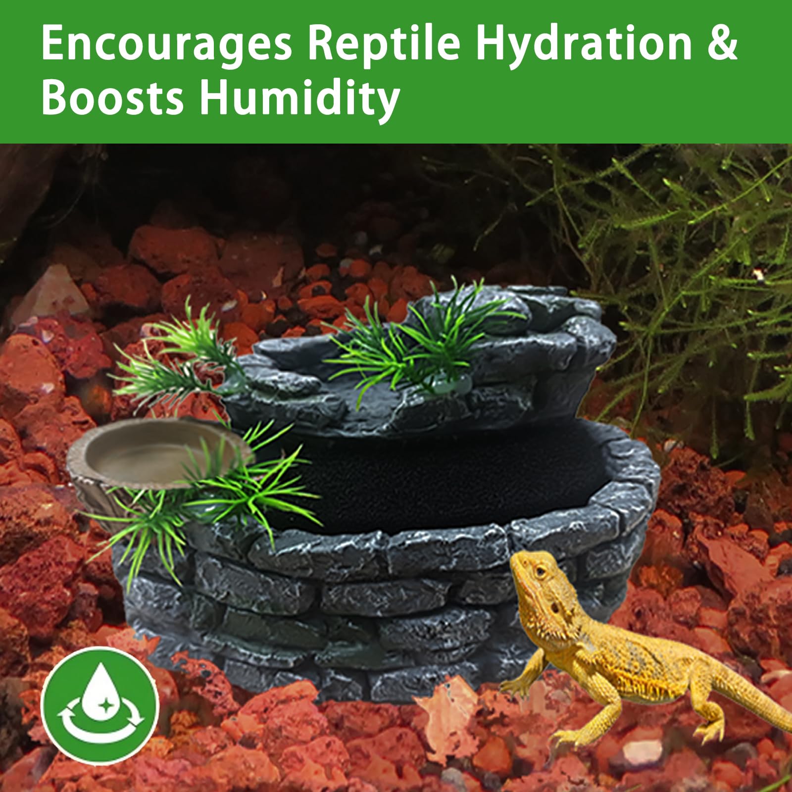 Fuente de agua para reptiles de 550 ml con plato de comida, fuente de terrario para dragón barbudo, geco, camaleón, lagarto, rana de árbol y tortuga, mantiene el agua limpia, dispensador