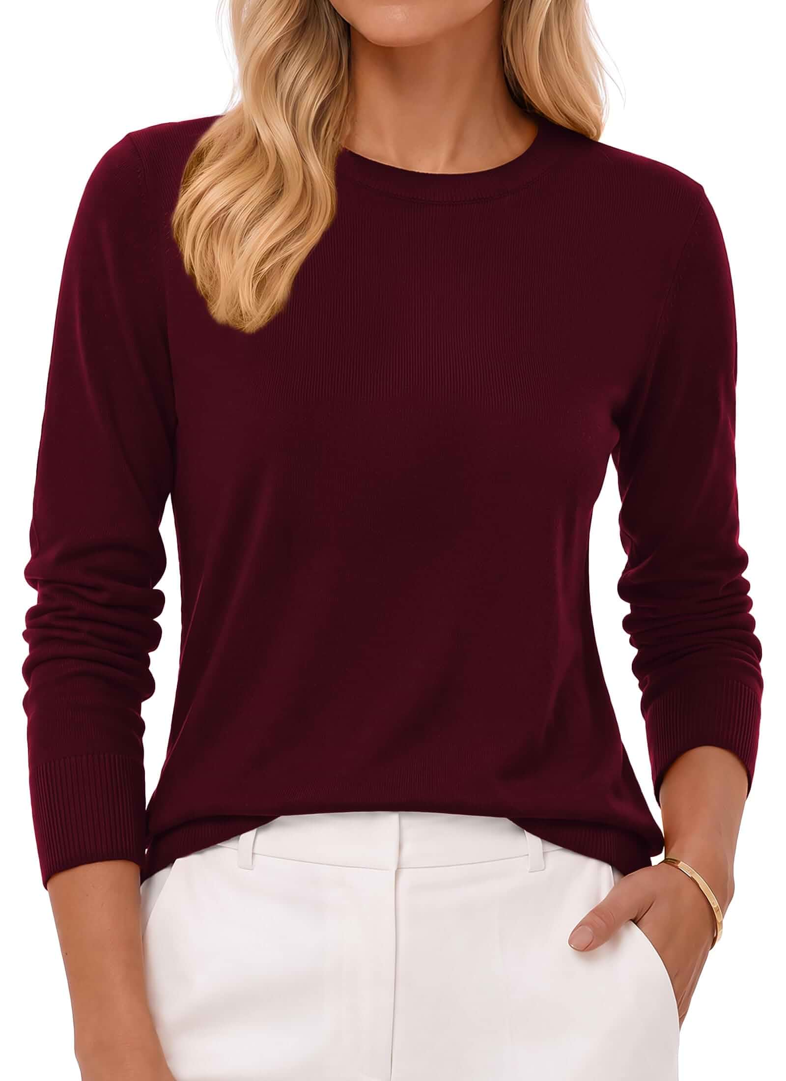 QUALFORT Women's Pullover Sweater Long Sleeve Lightweight Knit Top | Crew Neck Soft Lightweight Knit Top for Casual Daily ...
