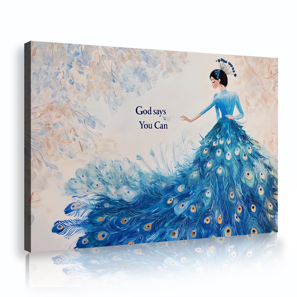 CHERHERART Inspirational Quote Poster Canvas Wall Art Woman in Peacock Feather Dress Canvas Prints Painting for Home Bedroom Dorm Wall Decor 55x85cm Innerframe